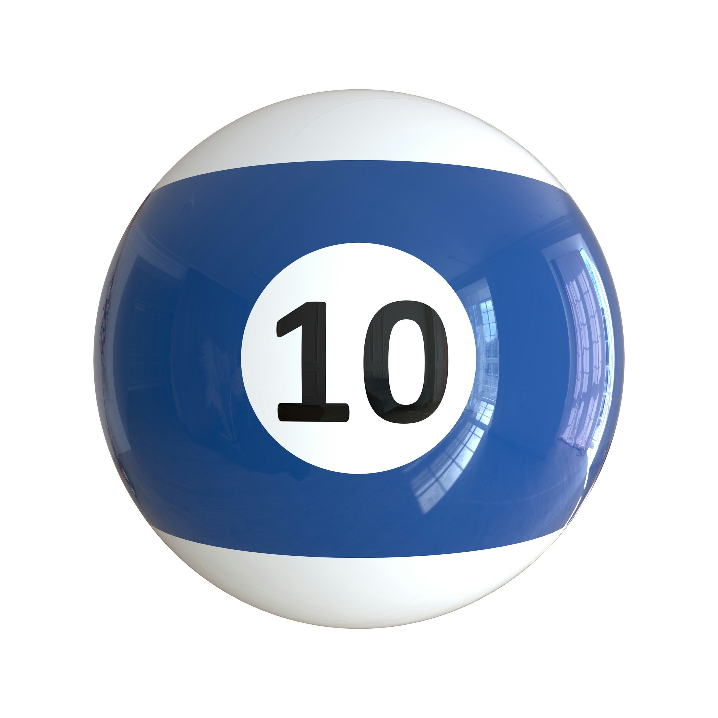 A blue and white pool ball with the number 10 on it.