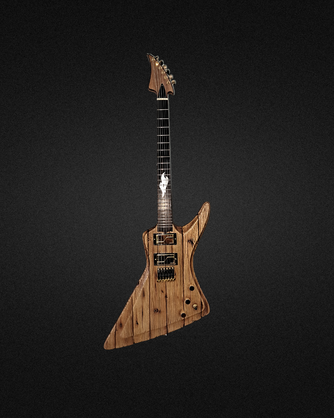 A wooden electric guitar with a unique shape and a natural finish, set against a black background.