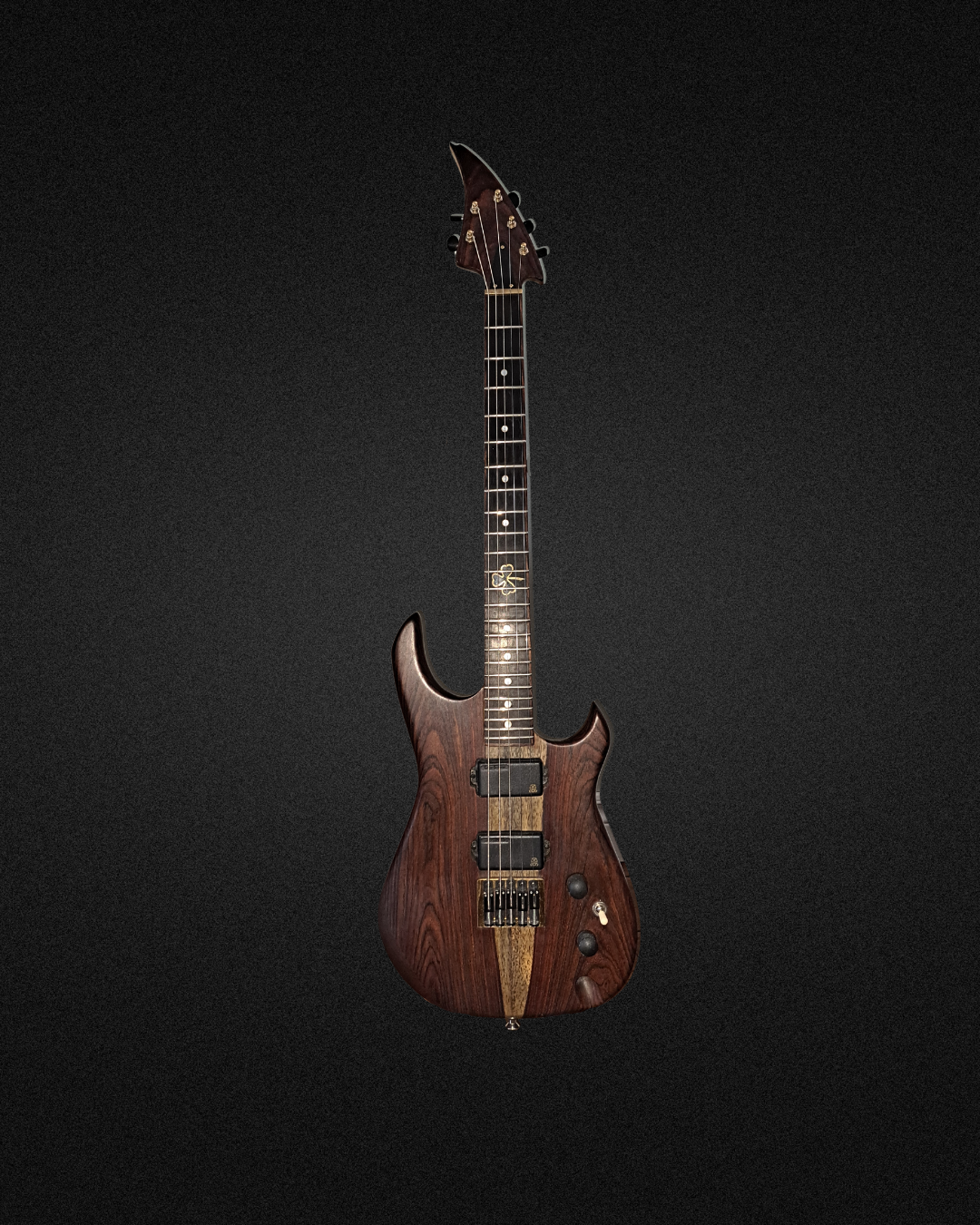 A dark wooden electric guitar with a unique body shape, floating against a black background.