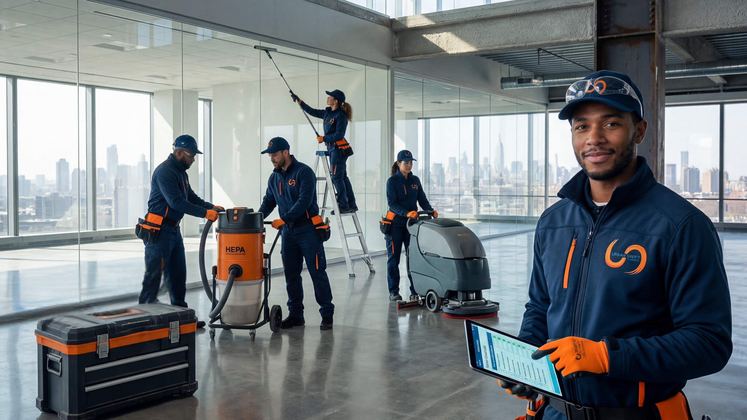 Cleaning crew working in a high-rise office with large windows showcasing a city skyline, using various cleaning equipment and wearing uniforms with the logo 'Urban Swift'.