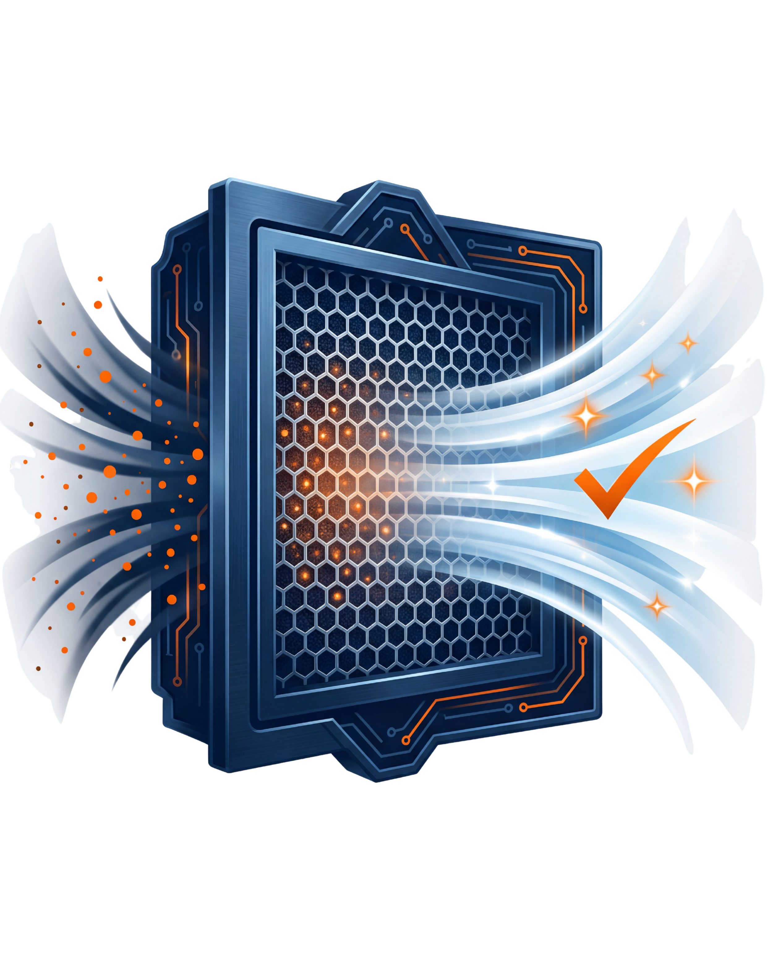 Digital illustration of an advanced air filtration system with a hexagonal filter, airflow waves, and digital circuit patterns, featuring an orange checkmark.