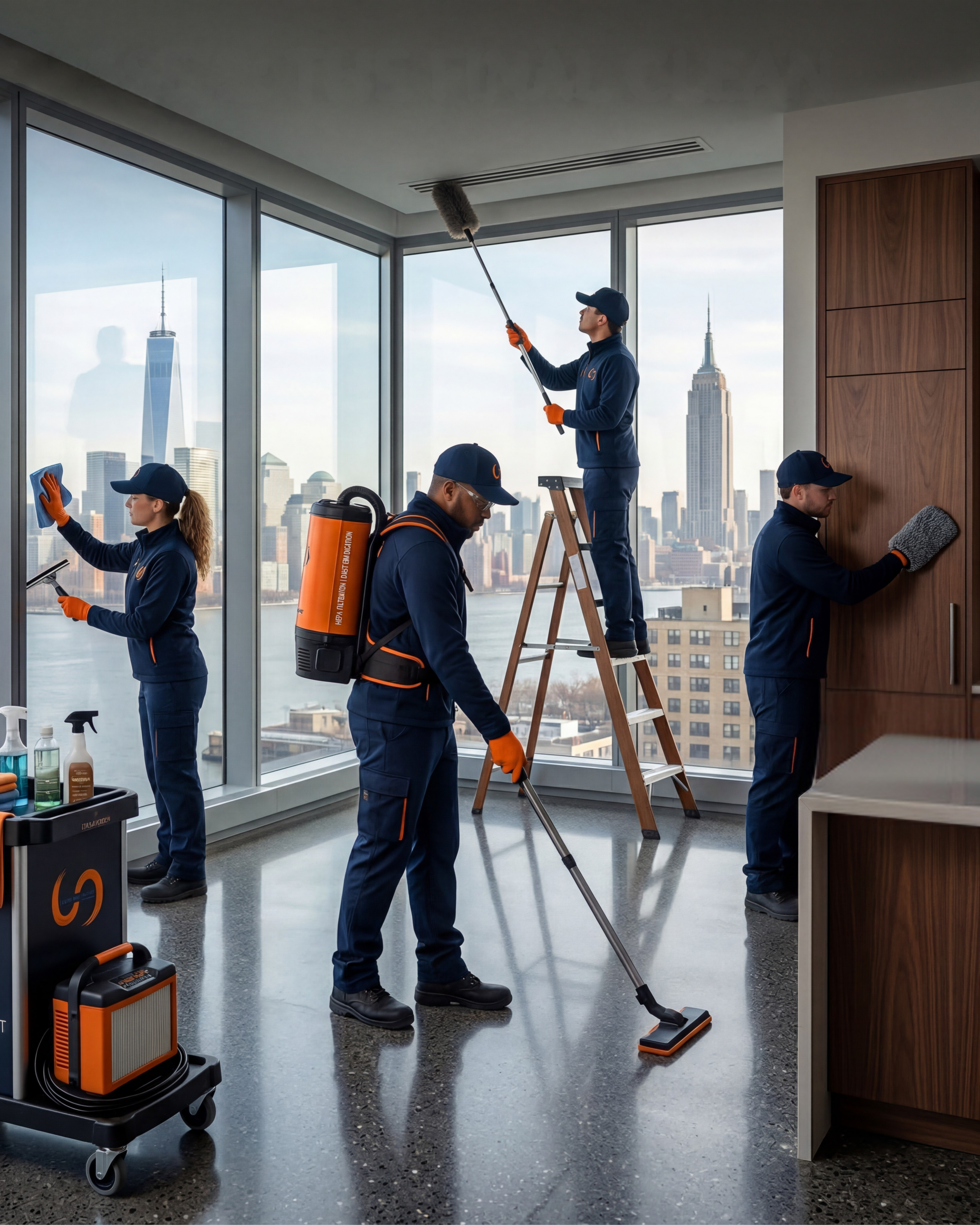 Cleaning staff wearing navy uniforms and orange gloves cleaning the large glass windows of a high-rise building with a city skyline in the background.