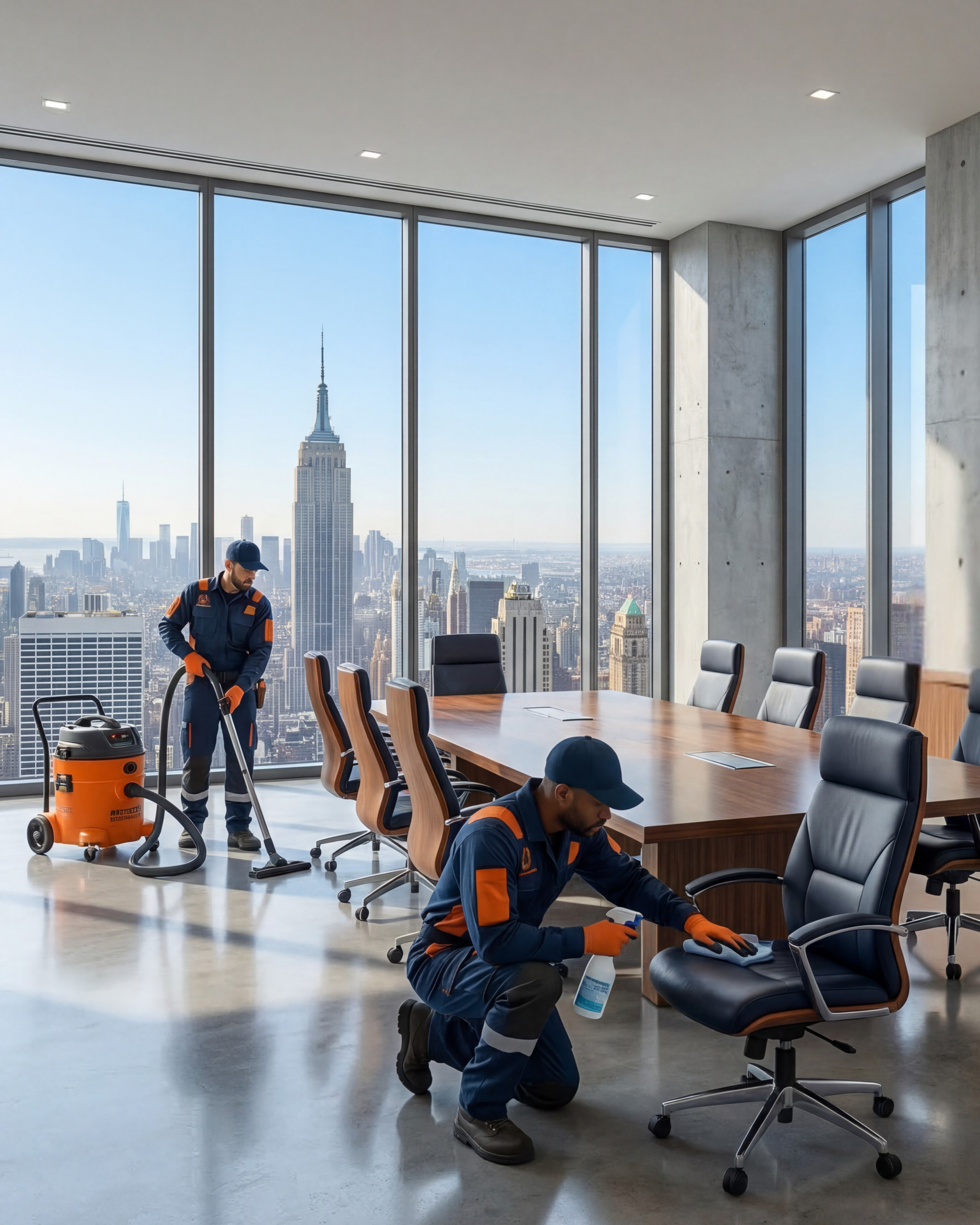Two cleaning workers disinfect an office conference room with a panoramic city view of New York City, including the Empire State Building, through floor-to-ceiling windows.
