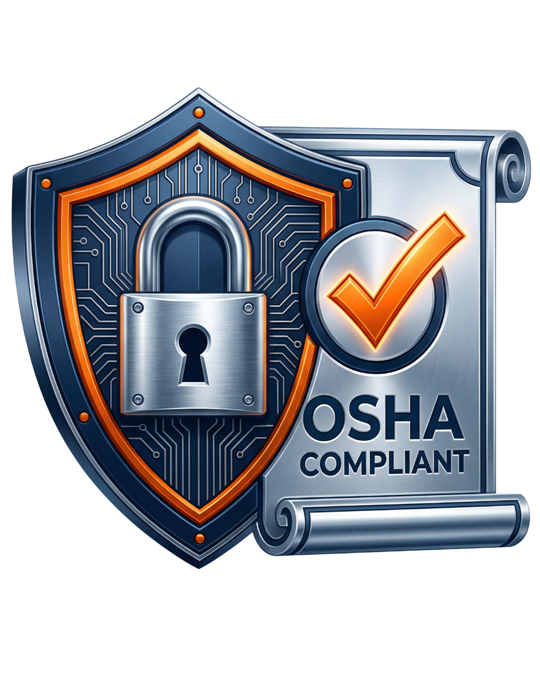 A digital illustration of a shield with a lock symbol, a checkmark, and the text 'OSHA Compliant' on a rolled document background.