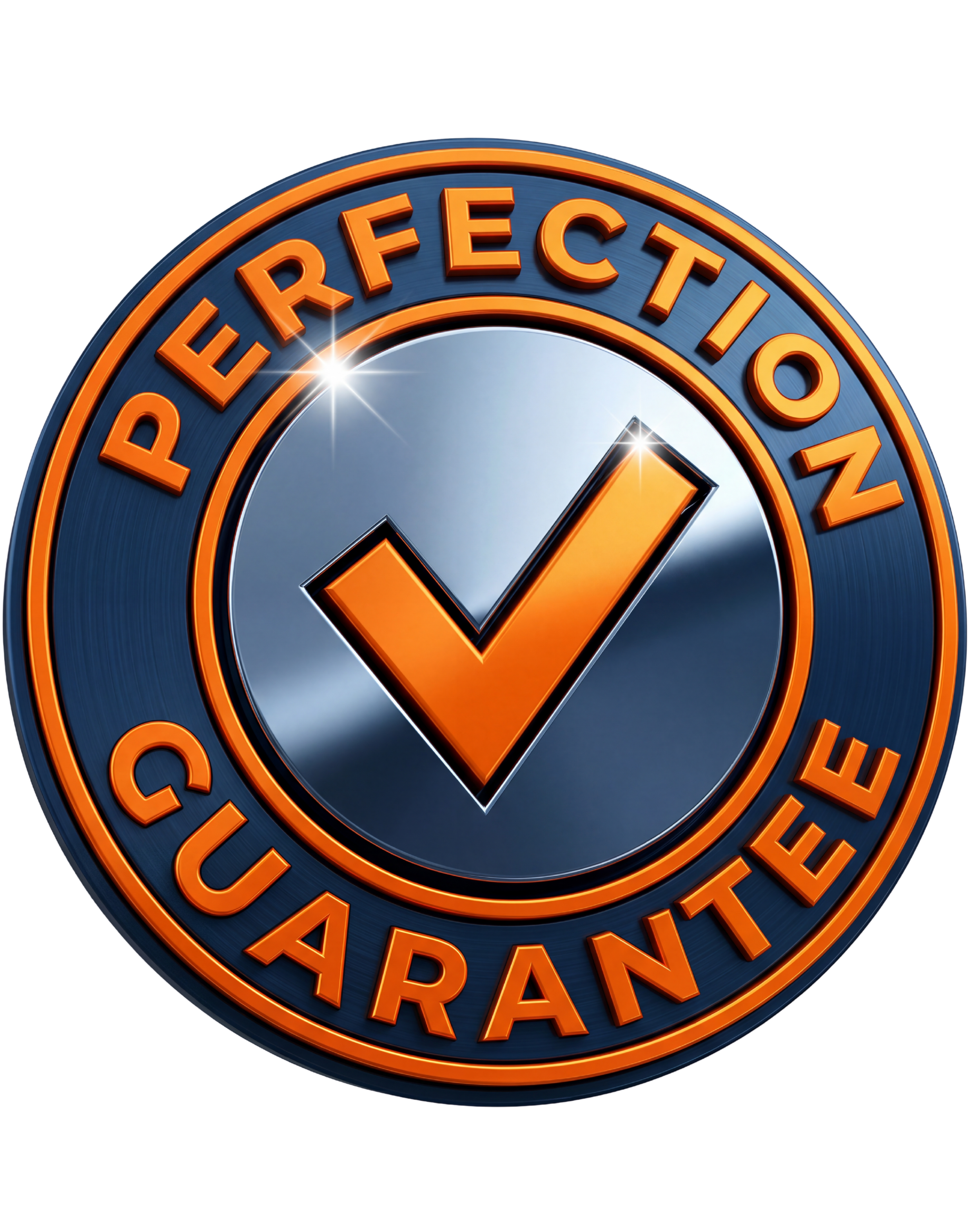 A circular emblem with a check mark in the center. The outer ring is orange with the words 'PERFECTION' at the top and 'QUARANTEE' at the bottom, indicating a quality guarantee.