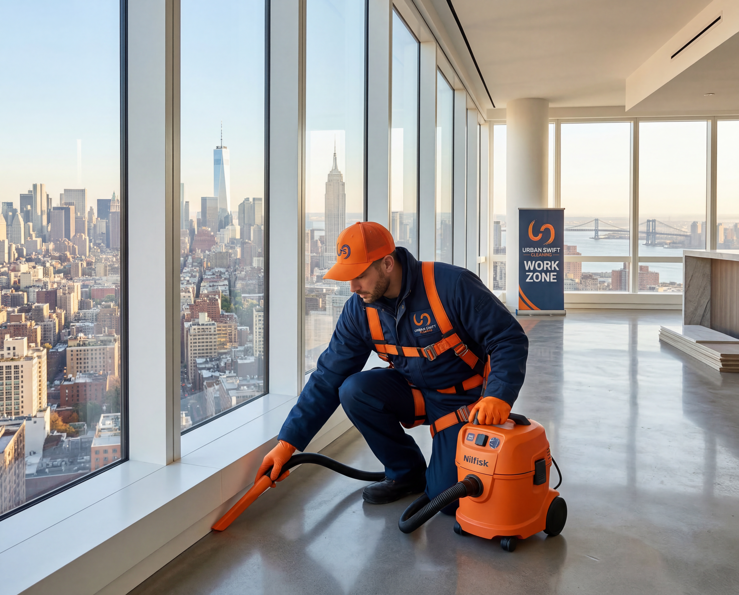 A worker in blue and orange cleaning gear using a Nilfisk vacuum to clean a large window in a high-rise building with a city skyline view.