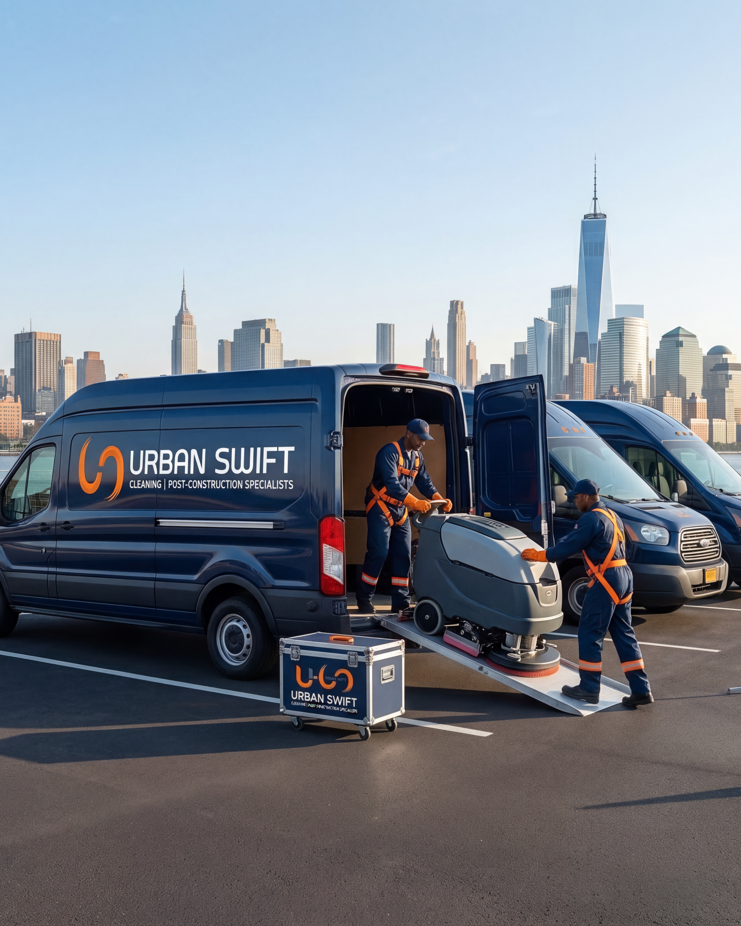 Two workers loading a floor scrubber into a van labeled Urban Swift, with a city skyline background including skyscrapers like One World Trade Center.