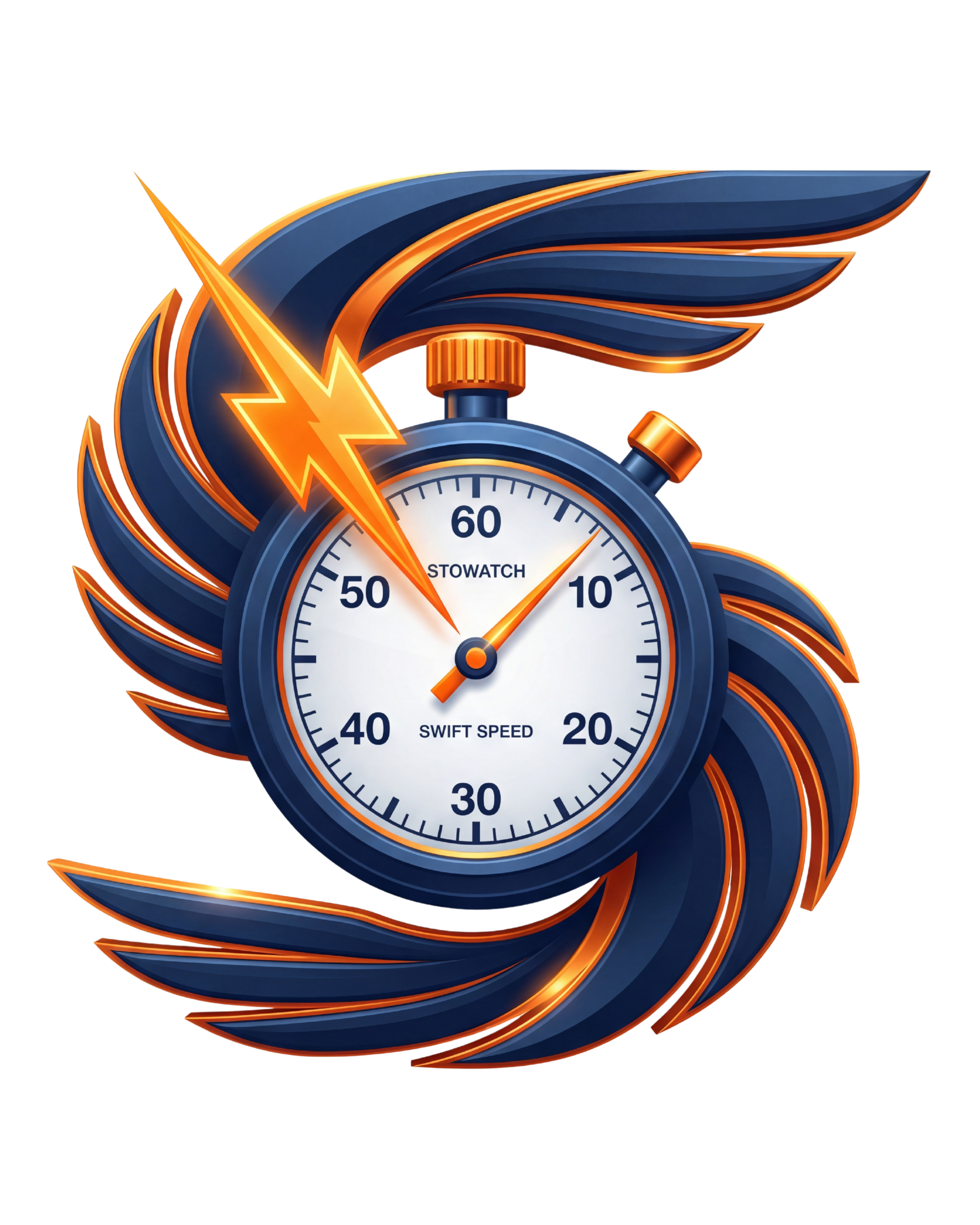 A stylized stopwatch with blue and orange flames and wings, showing a time of approximately 11 seconds, labeled 'Stowatch' and 'Swift Speed'.
