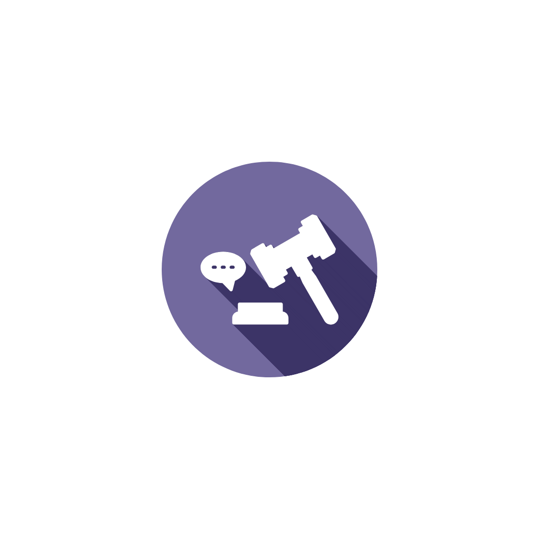 Icon with a white gavel, speech bubble, and block on a purple background.