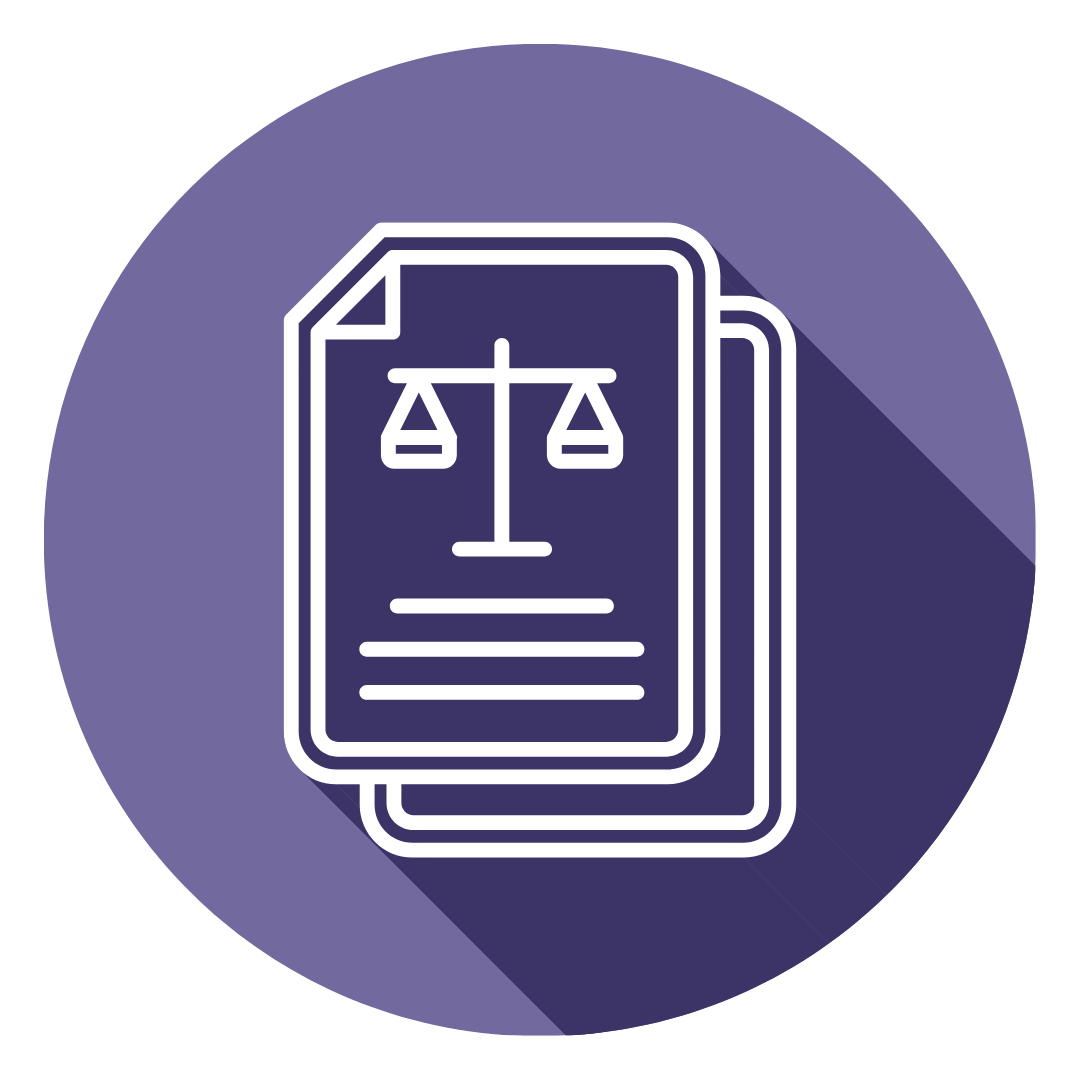 Icon of legal documents with a balance scale and text lines, representing law or legal services.