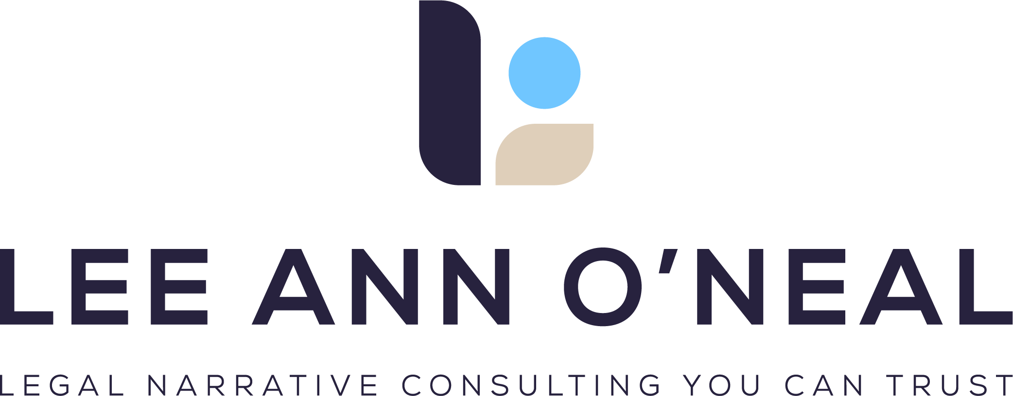 Logo for Lee Ann O'Neal, legal narrative consulting, featuring a stylized graphic of a lowercase 'l' and 'o' in blue and beige above the company name.