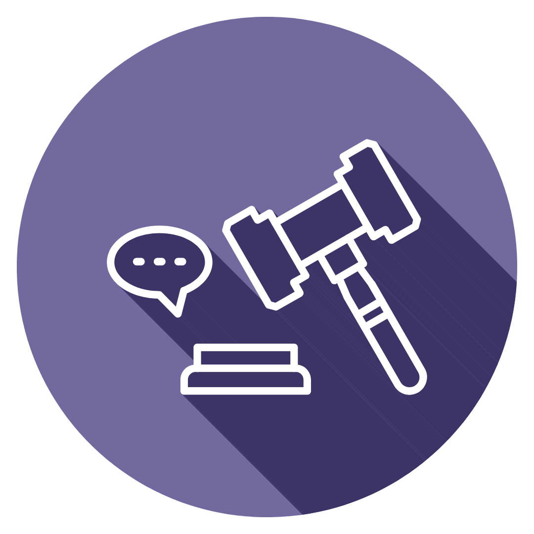 Icon of a gavel, speech bubble, and a small platform, representing legal or judicial proceedings.