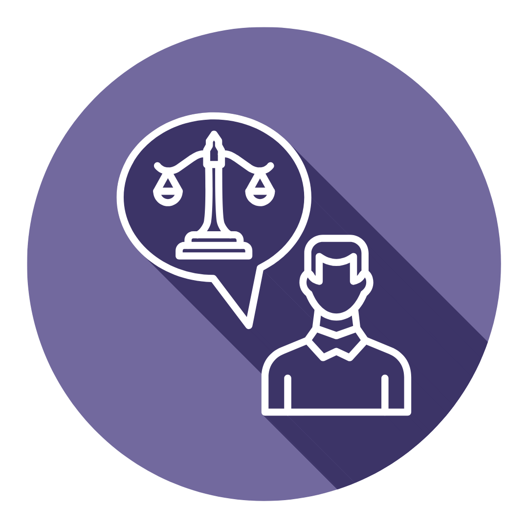 Icon of a person with a speech bubble containing scales of justice, representing law or legal advice.