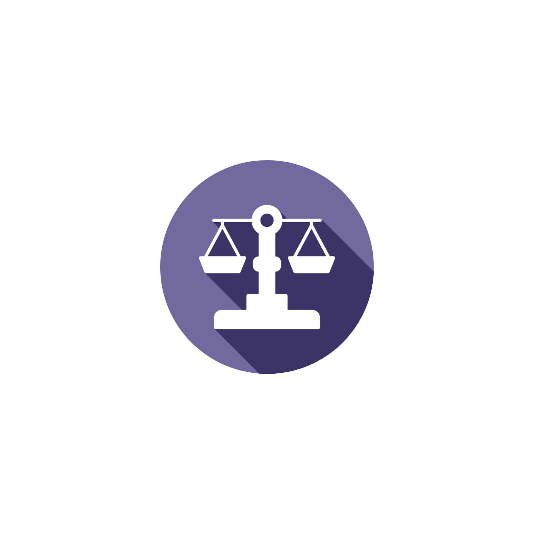 Icon of balancing scales on a purple circle with long shadow.