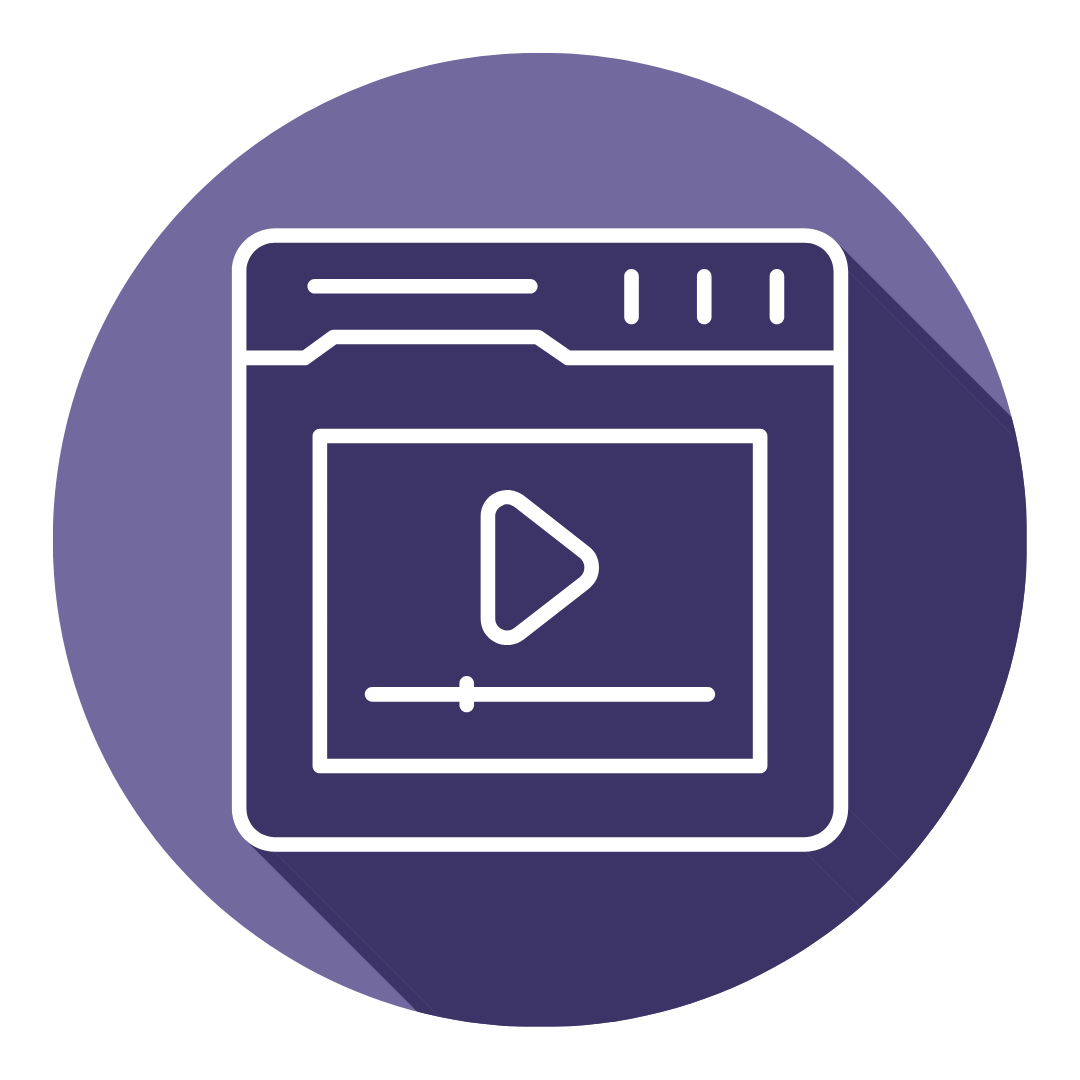 Icon of a video player with a play button and a progress bar, inside a browser window.