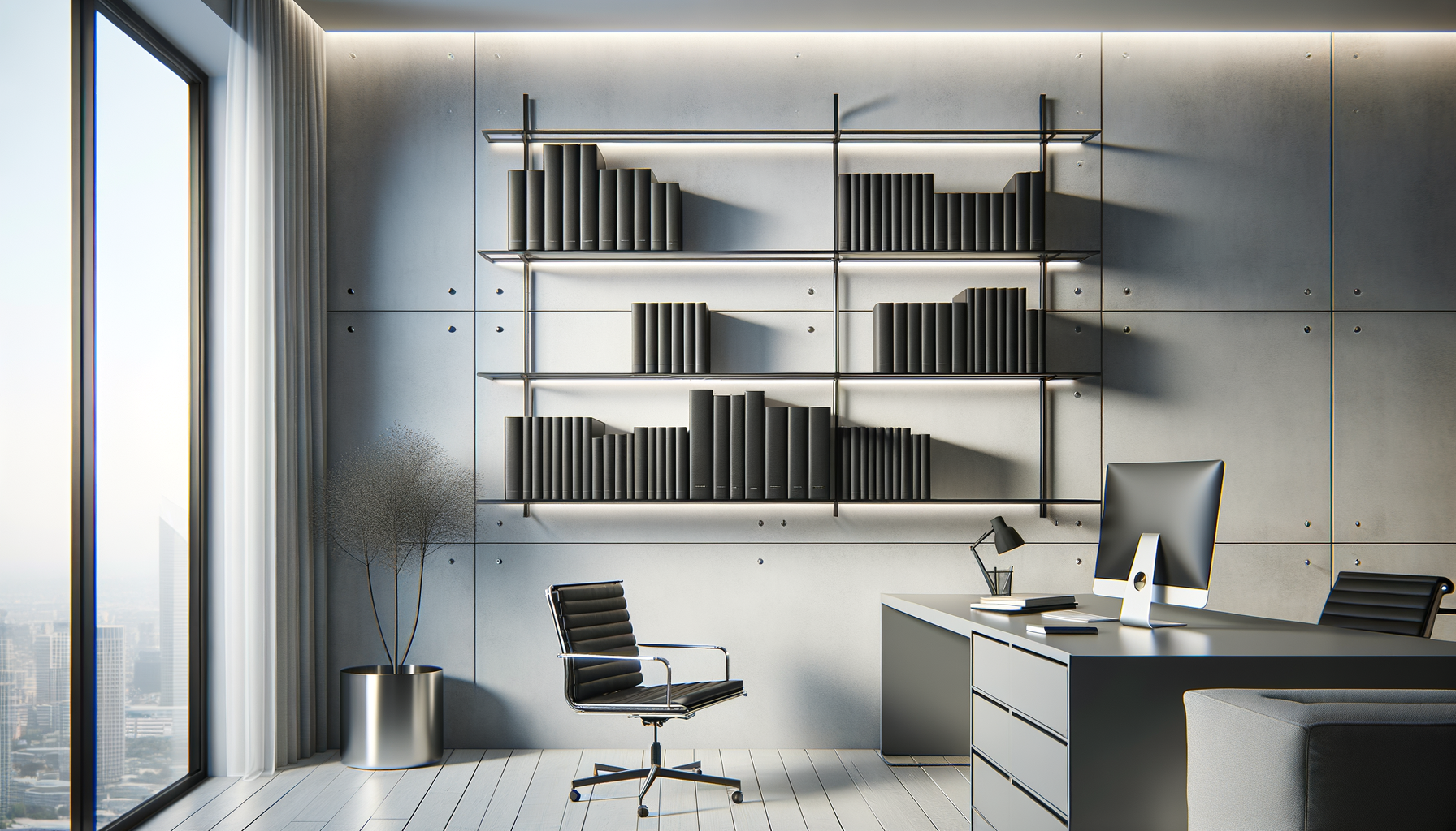 Modern office with large window, white desk, black ergonomic chair, computer, and a bookshelf with black books on a gray wall.