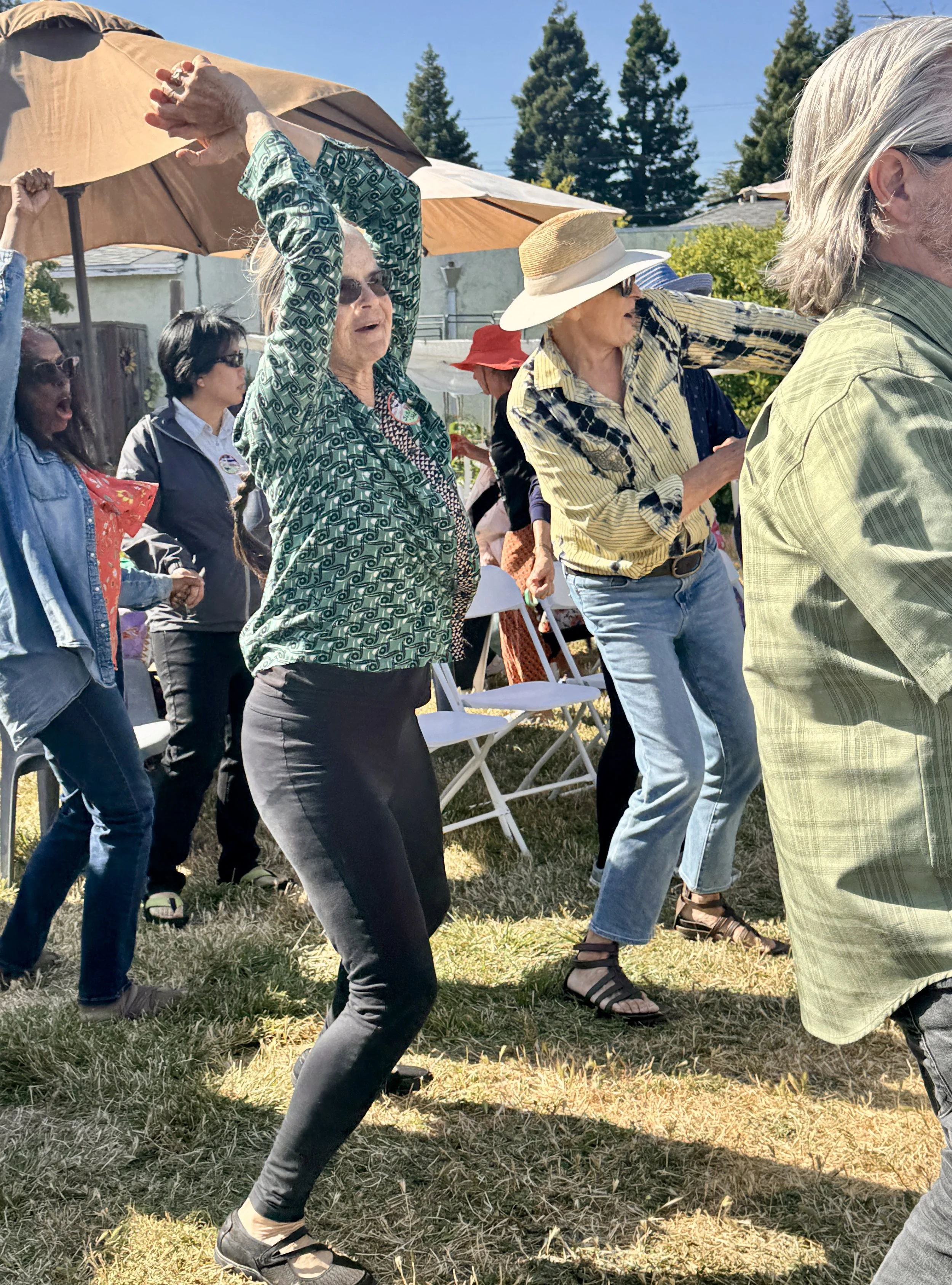 Group of diverse people dancing outdoors under a clear blue sky, with trees and houses in the background, and umbrellas providing shade.