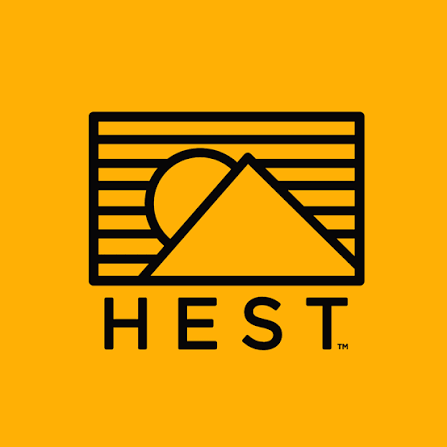 Hest logo on orange background with a sun, mountain, and horizon lines.