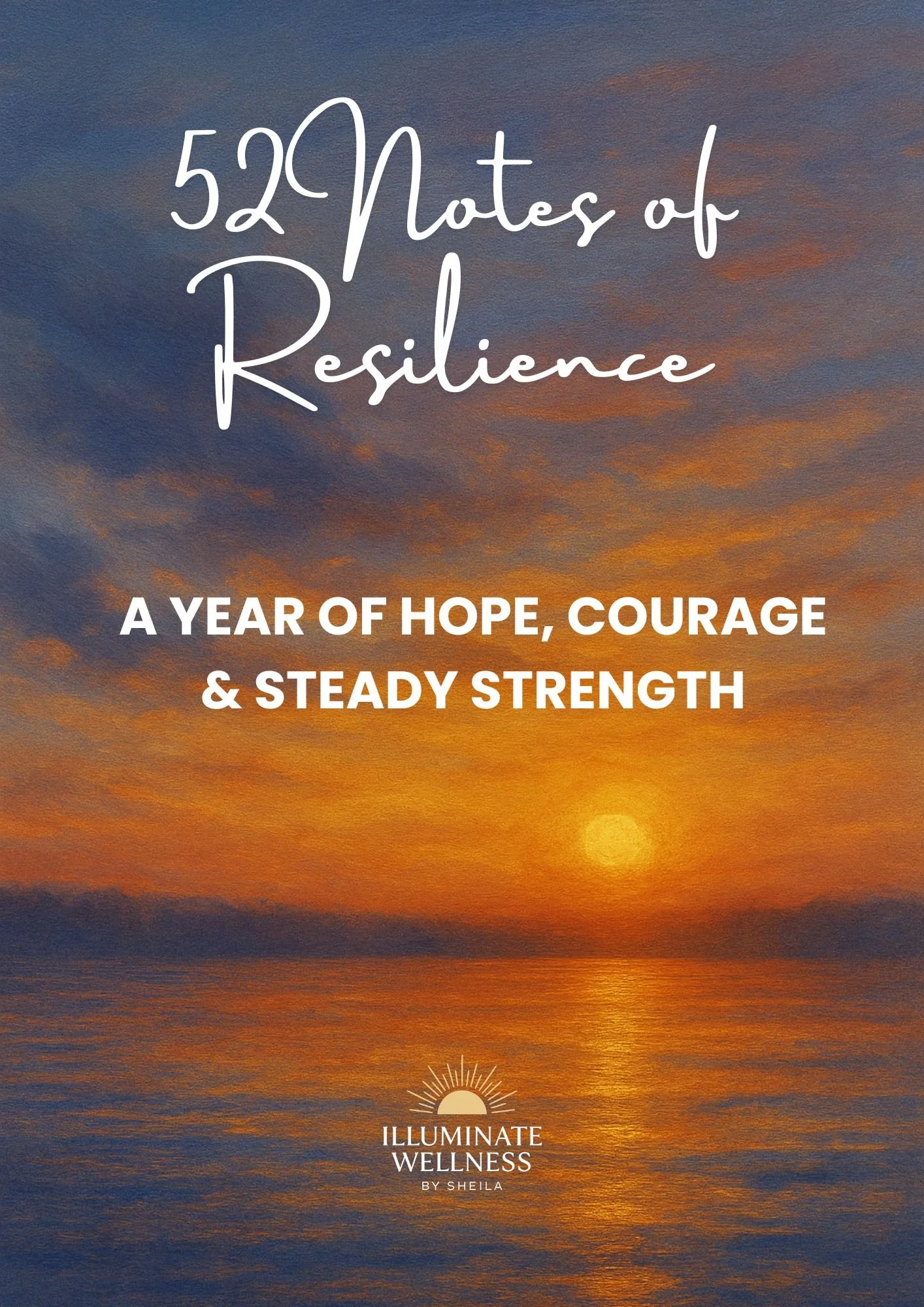 Cover of a book titled '52 Notes of Resilience,' featuring a sunset over water with warm colors and a logo for Illuminate Wellness by Sheila.