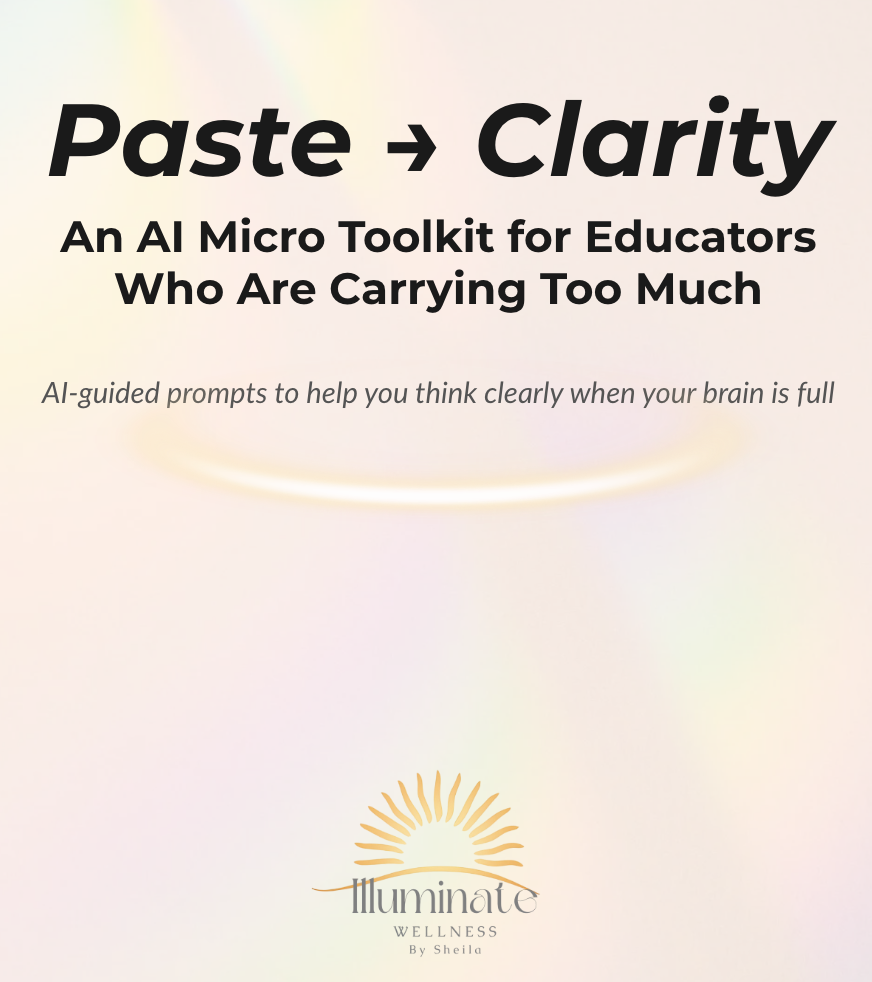 Front cover of a book titled "Paste ➔ Clarity: An AI Micro Toolkit for Educators Who Are Carrying Too Much" by Sheilla, featuring a pastel-colored background and a logo with a rising sun.