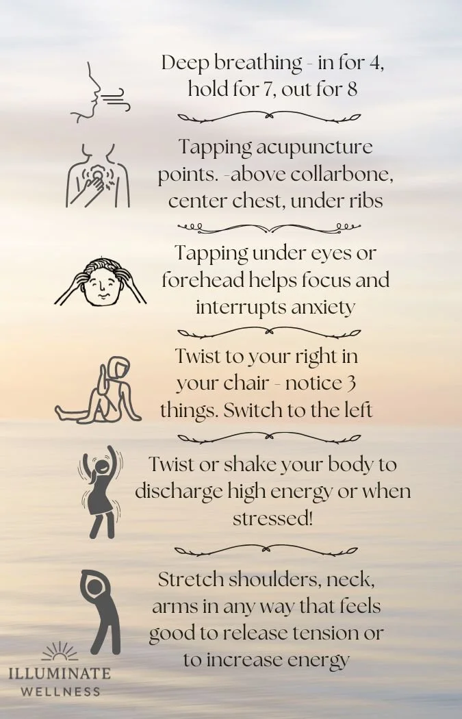 An infographic with relaxation and stress relief exercises, including deep breathing, tapping acupuncture points, twisting, shaking, and stretching, with simple illustrations.