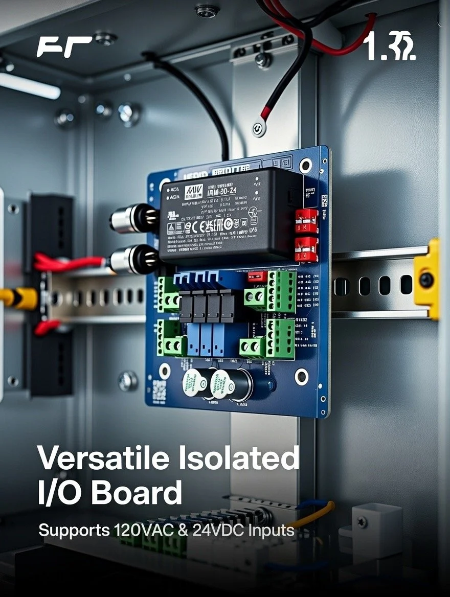 Close-up of a versatile isolated I/O board inside an electrical panel, supporting 120VAC and 24VDC inputs, with various wire connections and electronic components.