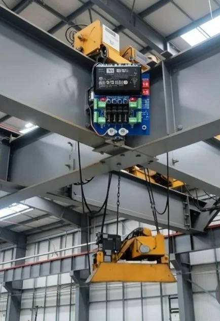 Close-up of industrial lifting equipment and electrical control panel installed on a metal beam inside a factory or warehouse.