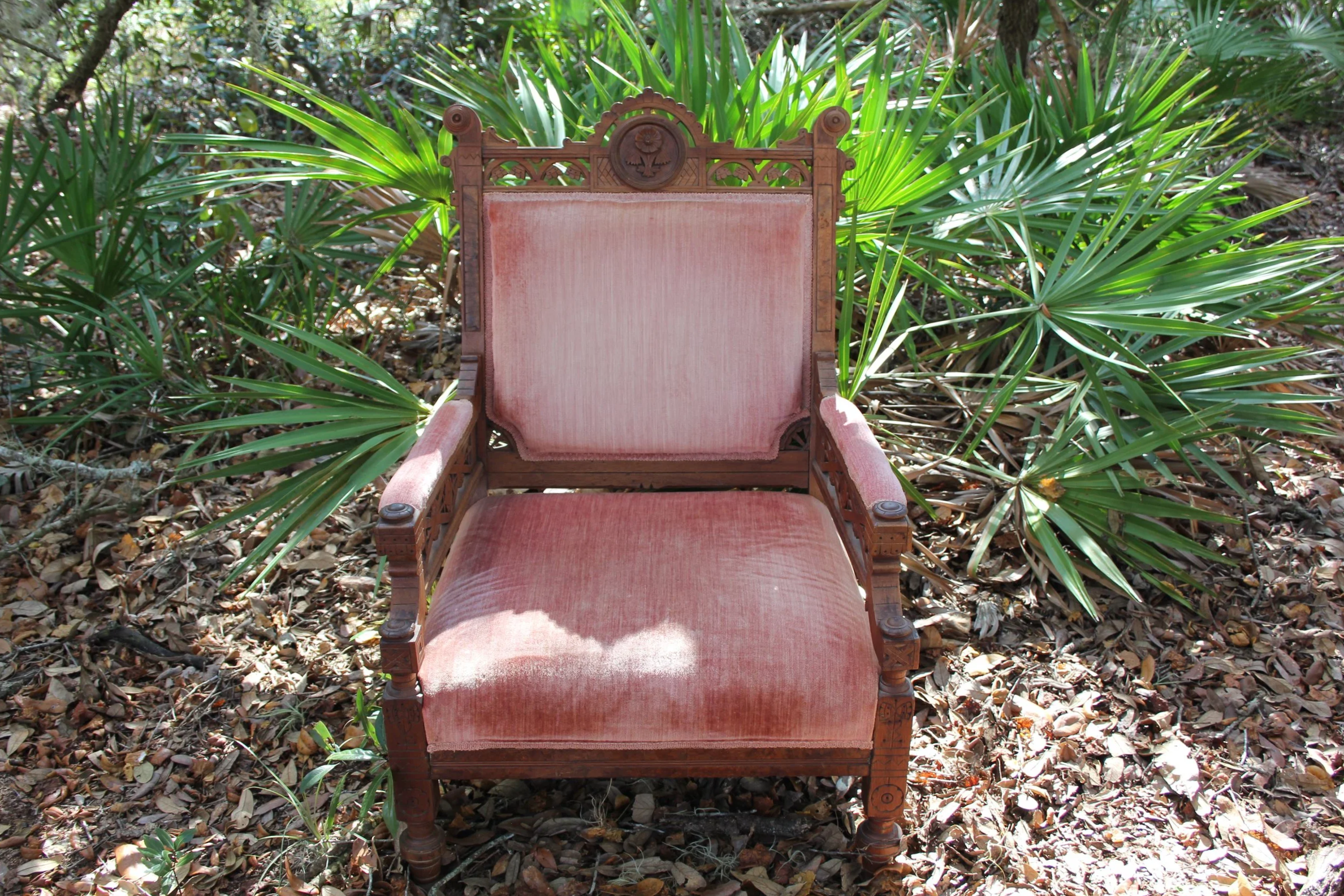 Carved Wood Blush Velvet Armchair