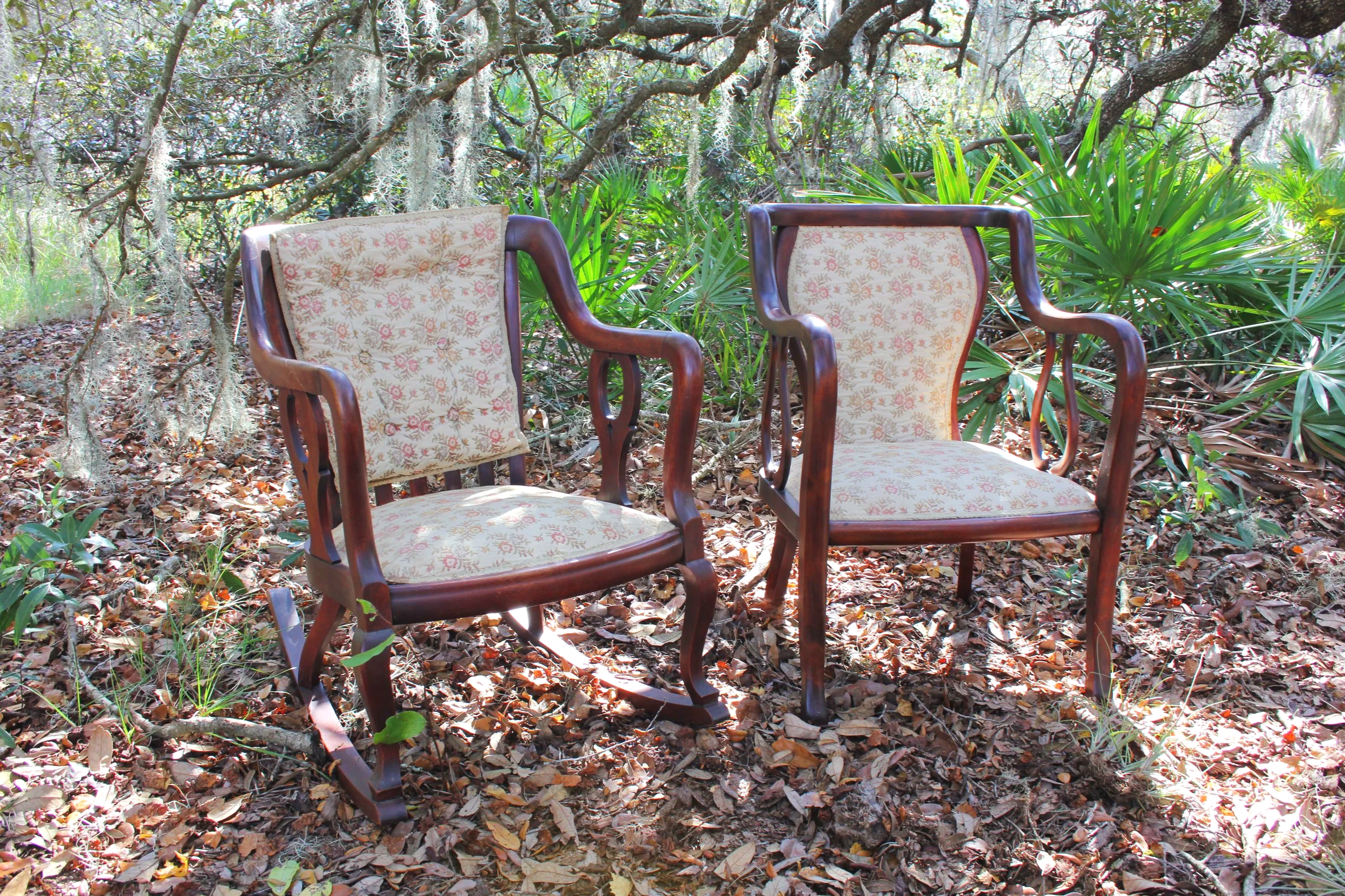 Floral Upholstered Wood Armchairs (One Rocker & One Standard Chair)