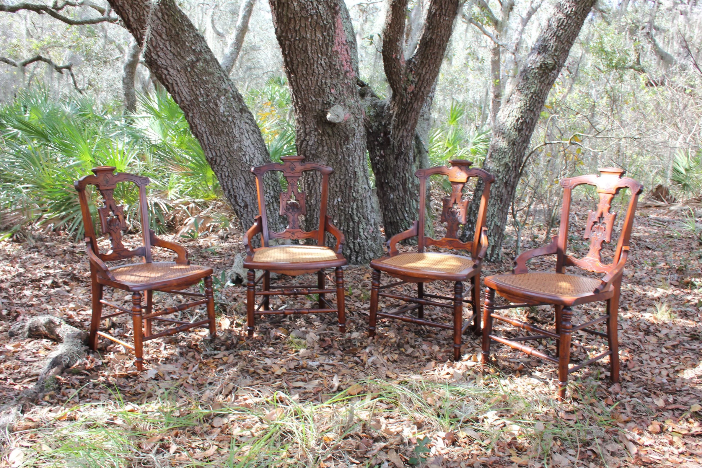 Carved Wood Cane Seat Chairs (Set of Four)