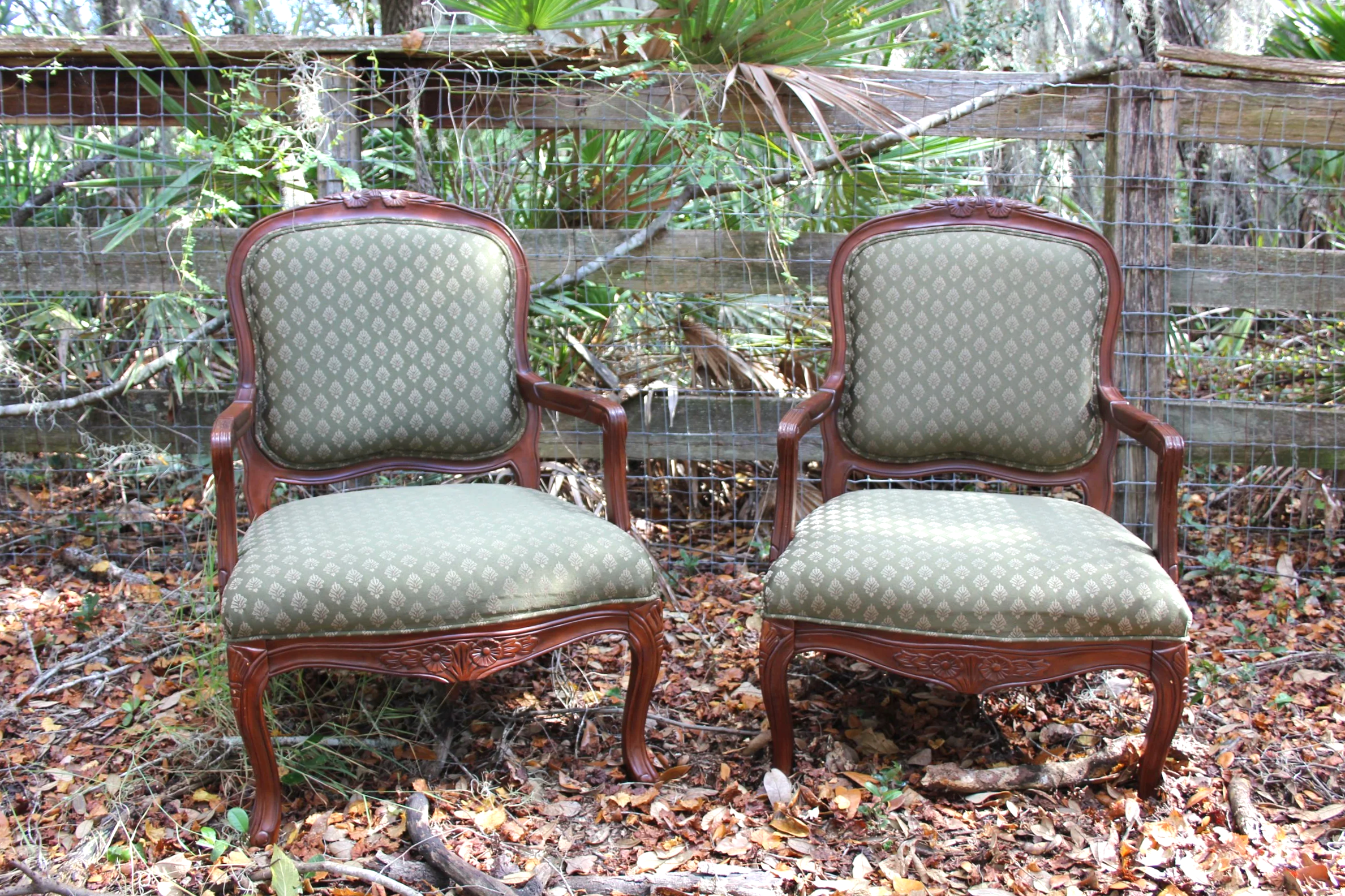 Green Upholstered Wood Accent Chairs (Set of Two)