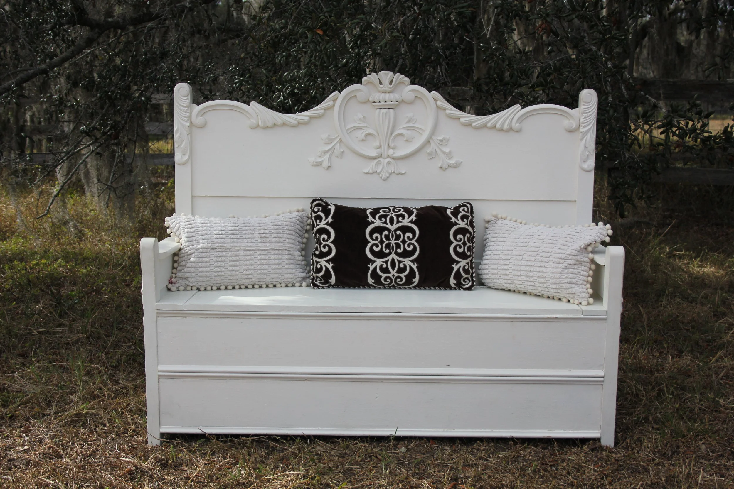 White Carved Wood Bench with Cushions