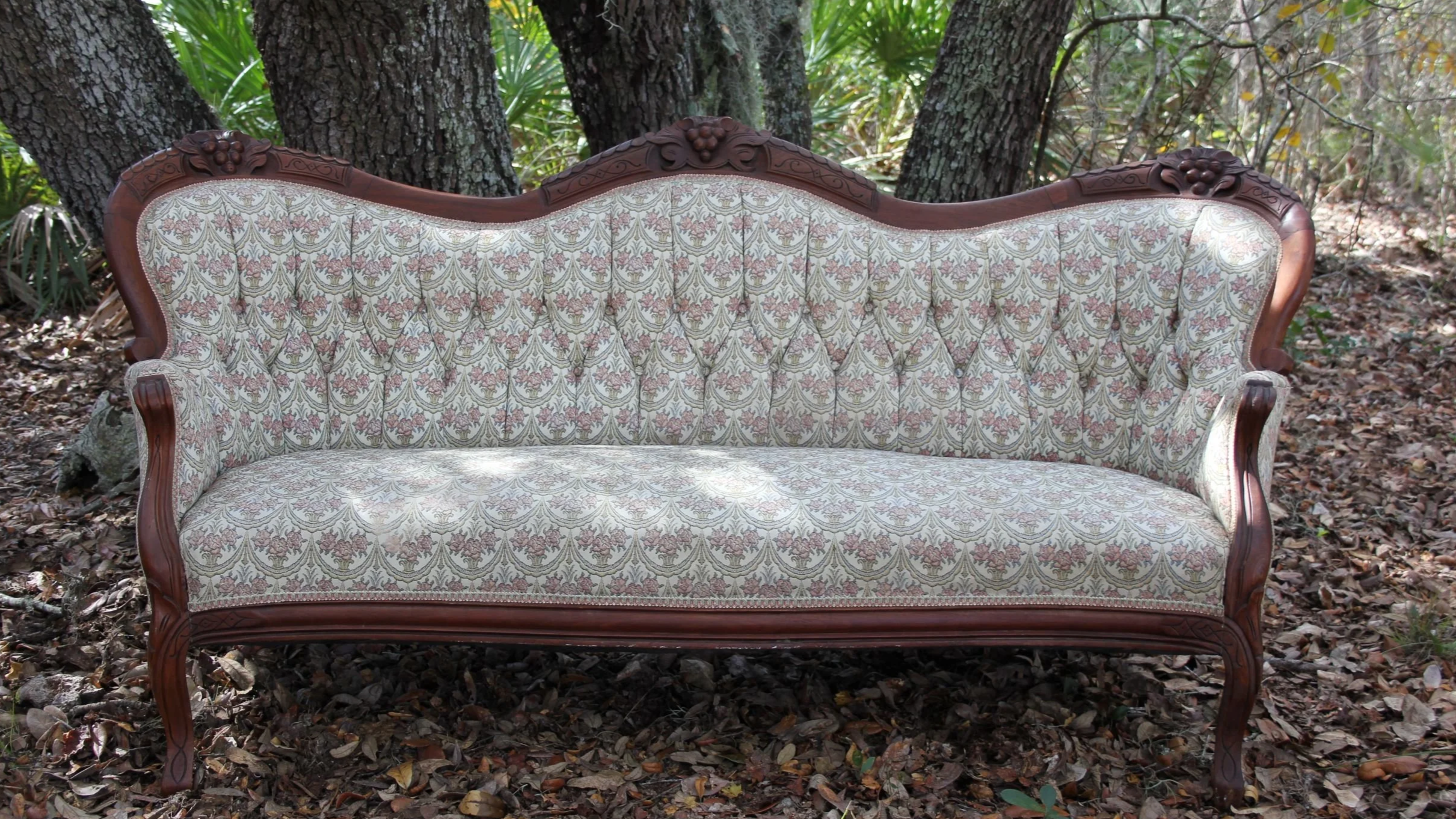 Carved Wood Floral Sofa