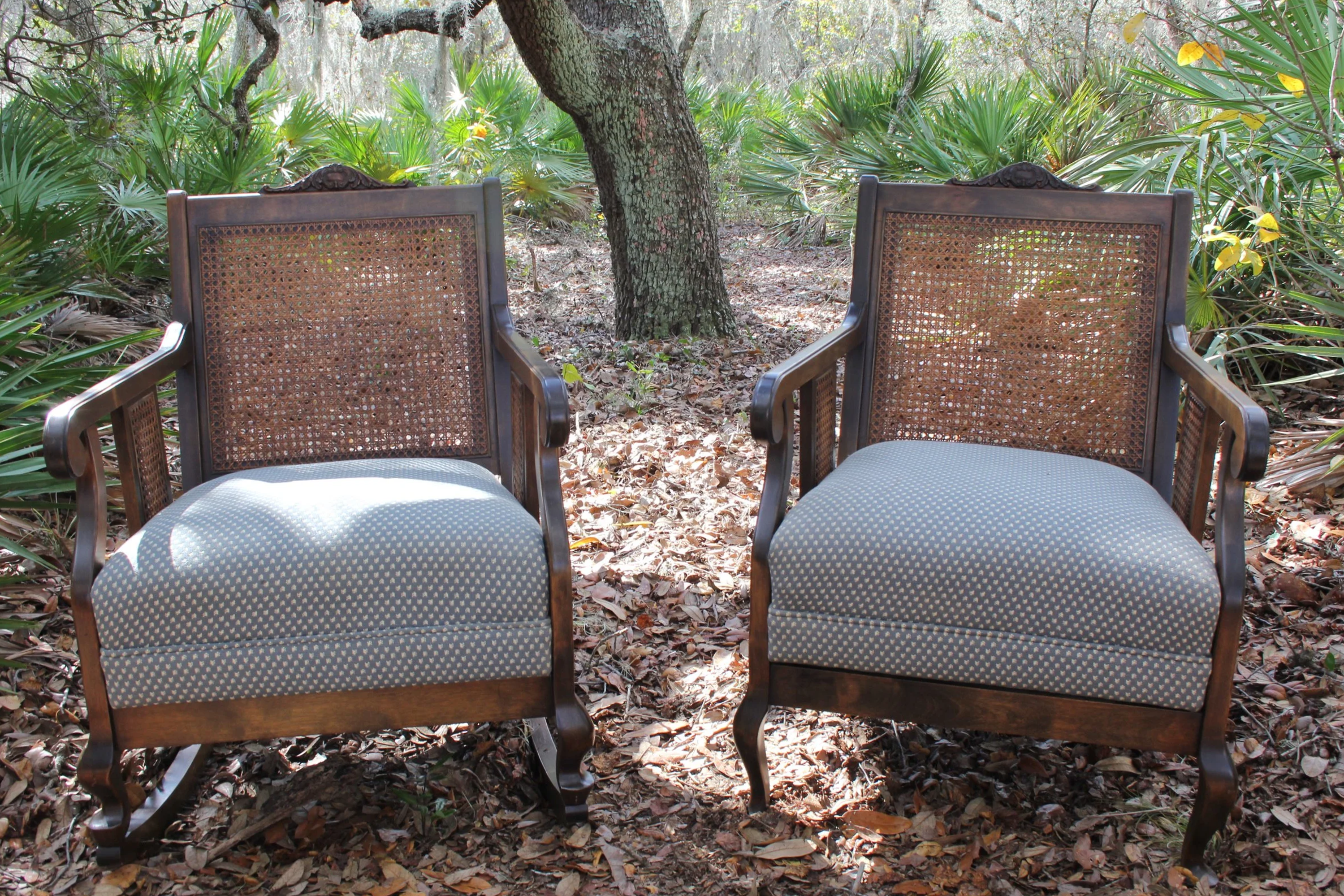 Cane Back Upholstered Armchairs (One Rocker & One Standard Chair)