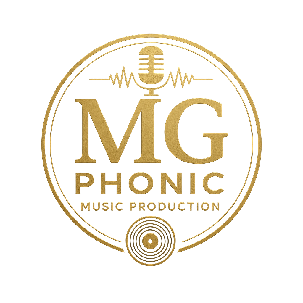 Logo doré avec un microphone et des ondes sonores, texte 'MG Phonic' et 'Music Production'.