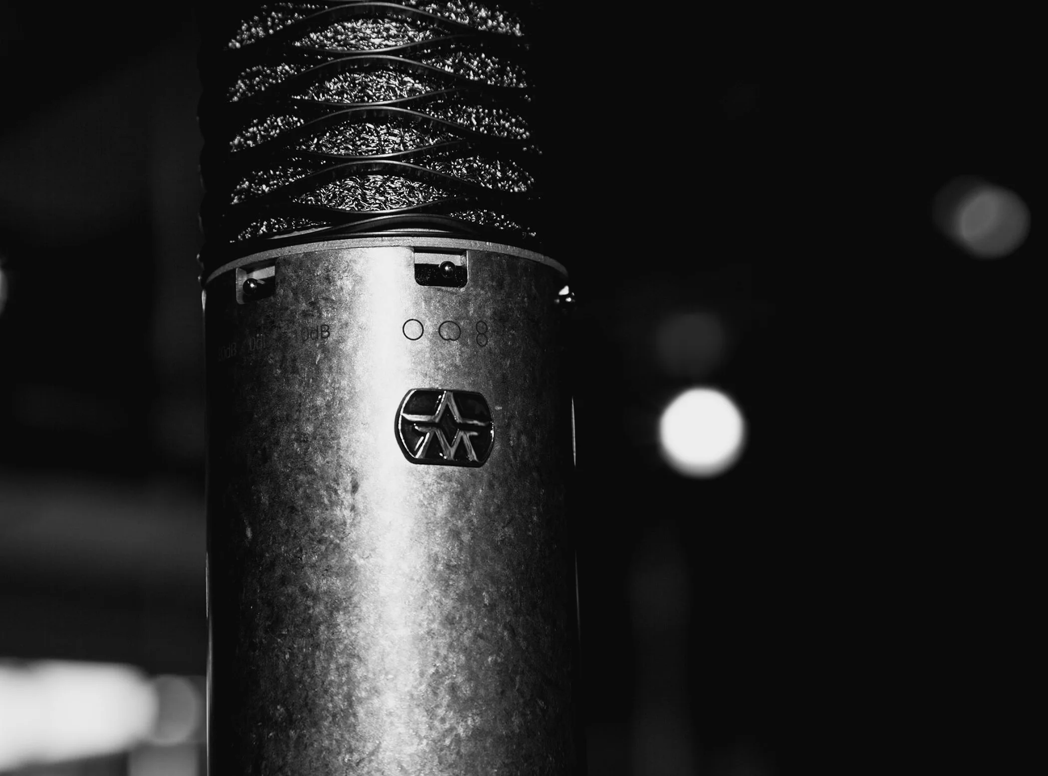 Microphone noir avec grille métallique en haut, logo stylisé, sur un fond flou.
