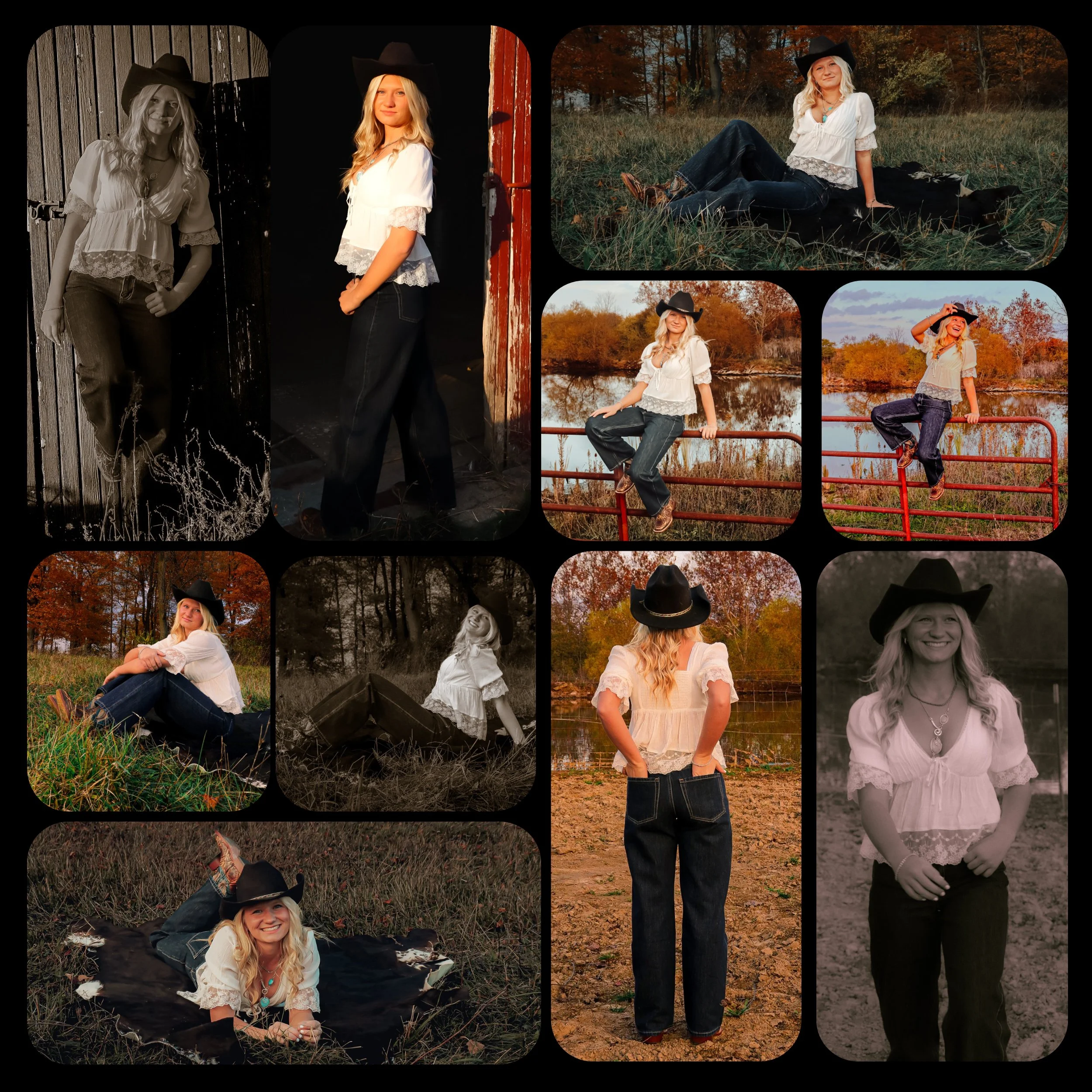 A collage of nine photos of a blonde woman wearing a black cowboy hat, white blouse, and jeans in outdoor autumn scenes.