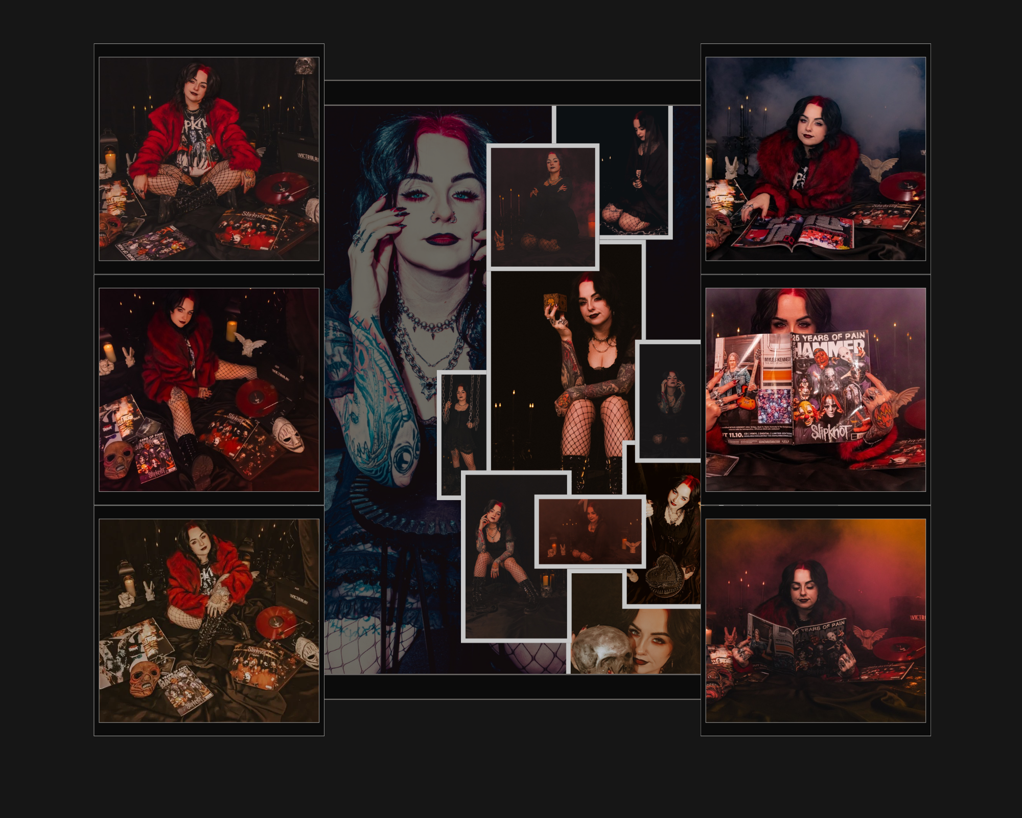 A collage featuring a woman with dark hair and tattoos, surrounded by images of her posing in various outfits and settings, with a dark background and purple lighting.