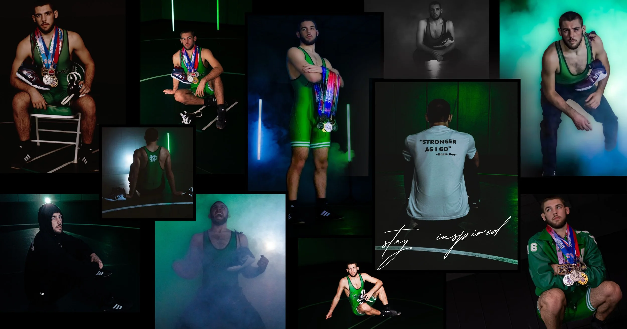 A collage of athletic men, some wearing green wrestling singlets or jerseys, with medals around their necks, in various poses, with dark or moody lighting and neon green accents. Some are standing, sitting, or squatting, and one is in a foggy or smoky environment. The words "Stay inspired" are written on one part of the collage.