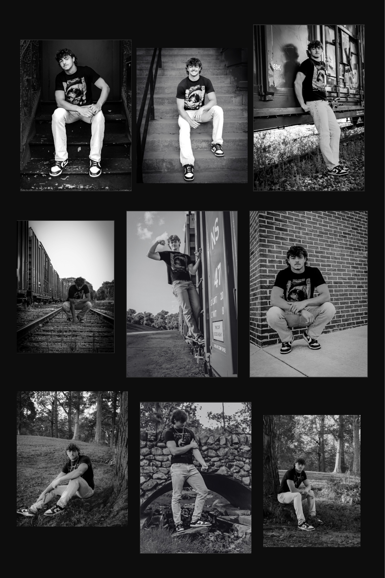 A collage of black and white photos of a young man in various outdoor settings, sitting on stairs, leaning against a train, squatting on railroad tracks, sitting near trees, and standing on a bridge, wearing a graphic T-shirt, light-colored pants, and sneakers.