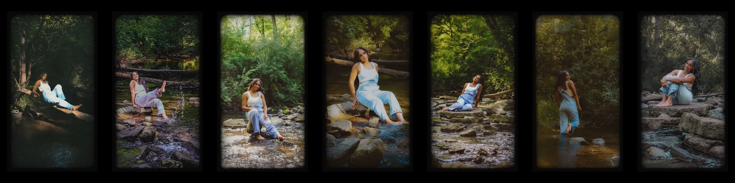 Sequence of photos of a woman in a white jumpsuit relaxing and sitting by a stream in a forest, with different poses in each shot.