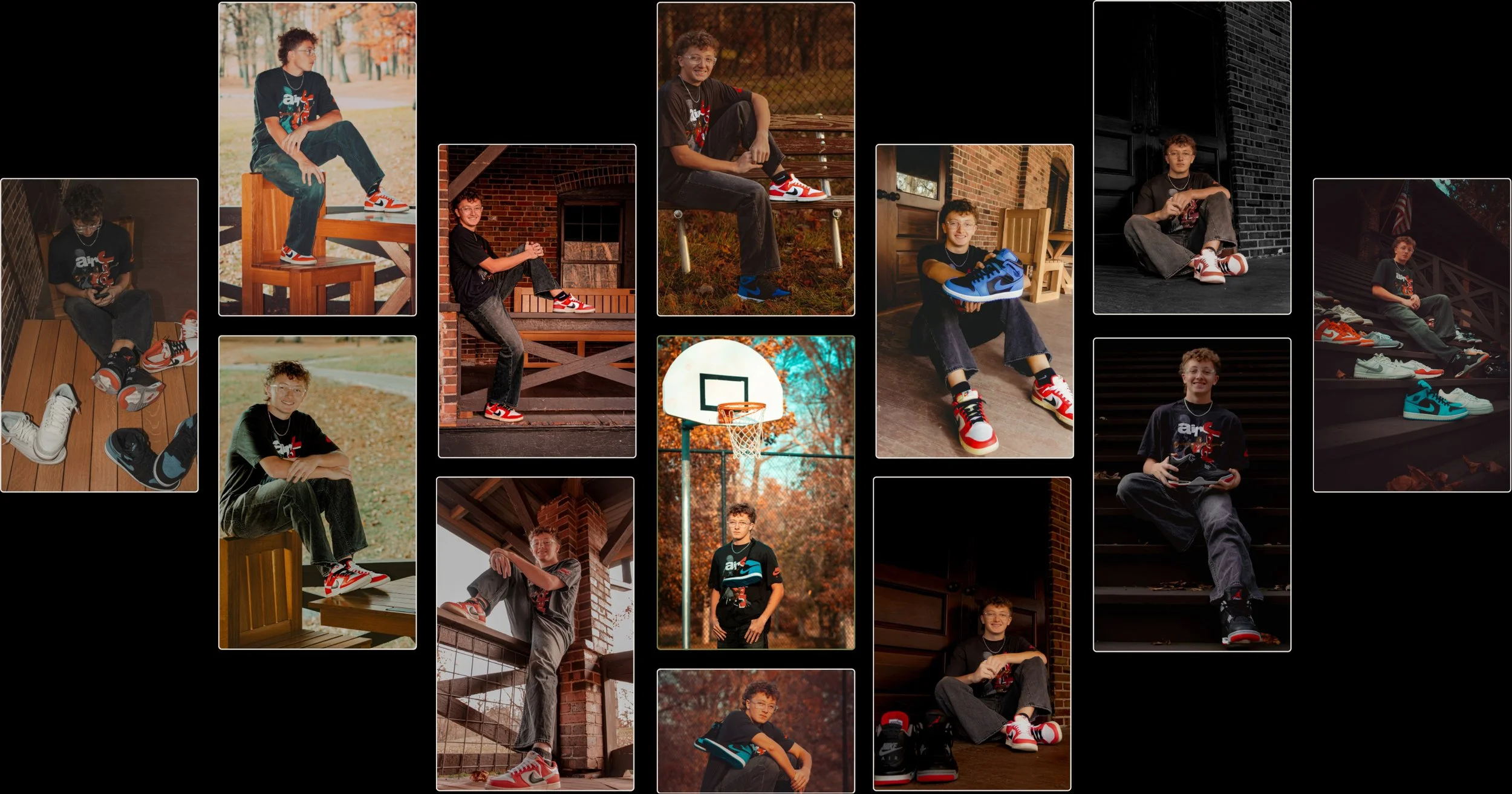 A collage of young boys in various outdoor and indoor settings, wearing and showcasing colorful sneakers, including basketball court and brick building backgrounds.