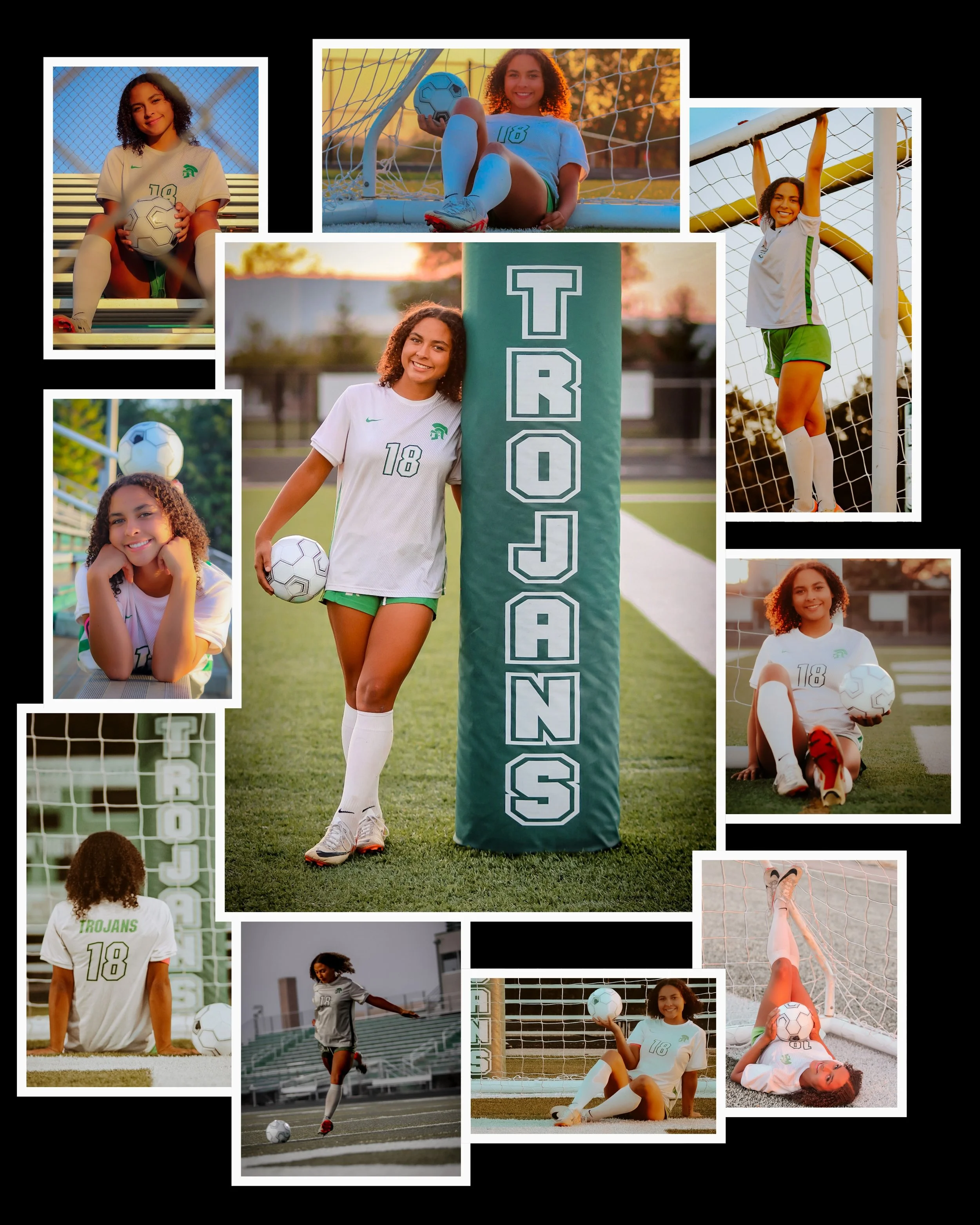 Collage of photos of a young woman with curly hair in a soccer uniform, posing and playing on a soccer field during sunset and daylight. She is holding a soccer ball, sitting, standing next to the goalpost, and laying on the ground, displaying various expressions and actions related to soccer.
