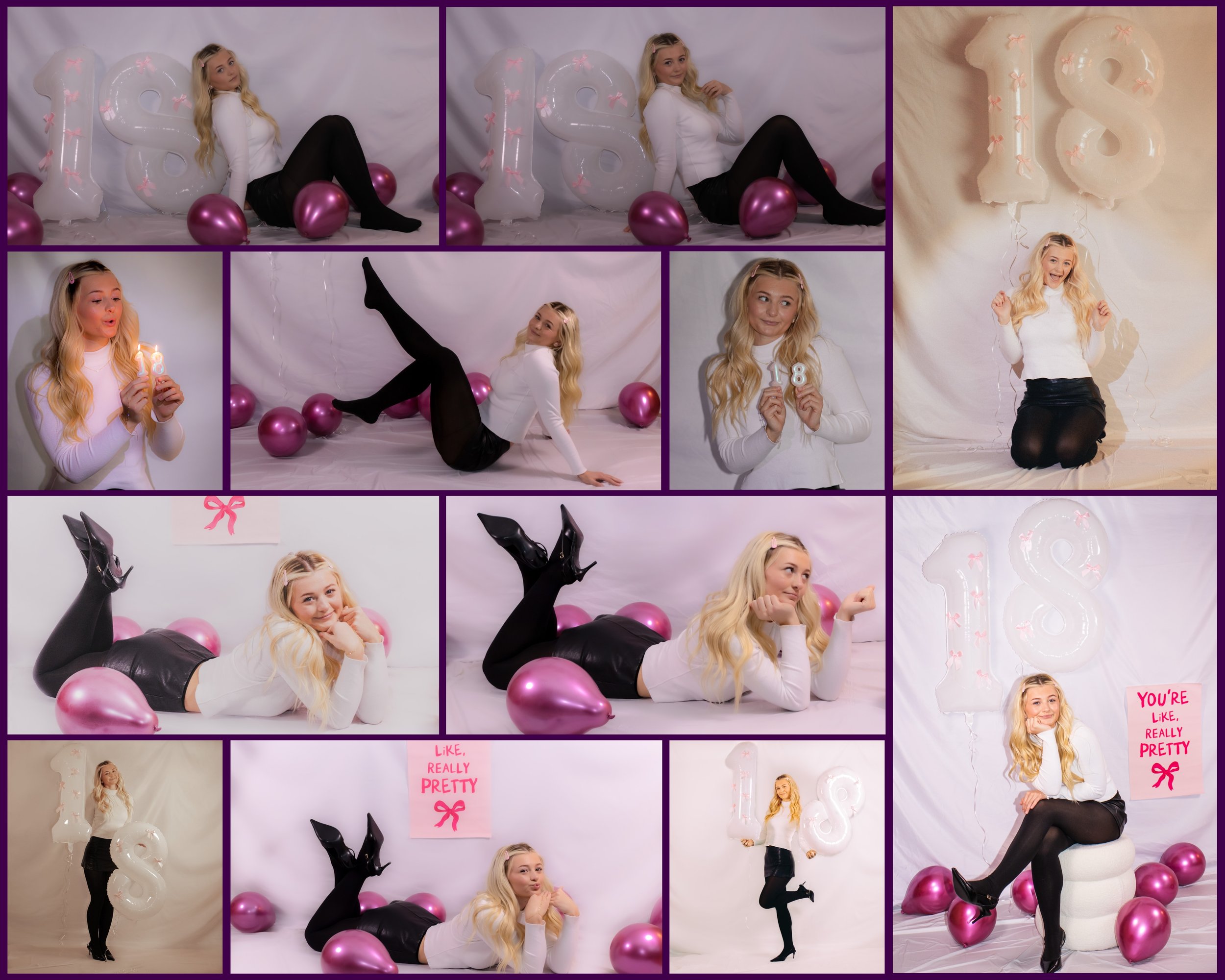 Collage of photos featuring a young woman with long blonde hair celebrating her 18th birthday. She is seen posing with pink balloons, white and pink balloons in the shape of the number 18, and various props, including candles and signs that say "Like, really pretty." The background includes white and pink themes, with balloons and birthday decorations.