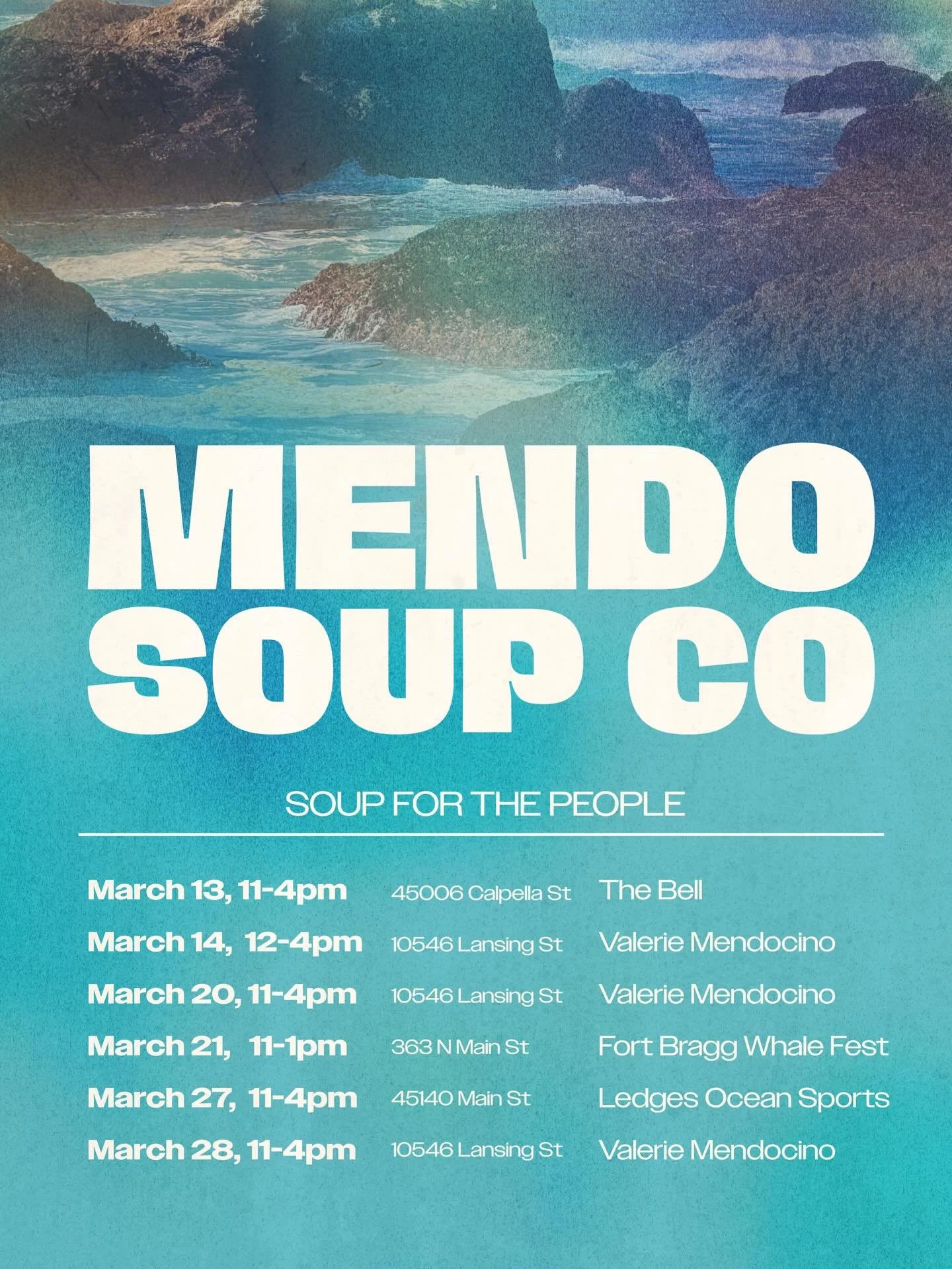 📣 Mendocino Soup Company monthly tour dates! Here&rsquo;s where you can find us for the rest of March.

Thanks to everyone who stopped by this past weekend and shared in the love for soup! We sold out both days! 🙏😊

#mendosoupco #soupforthepeople