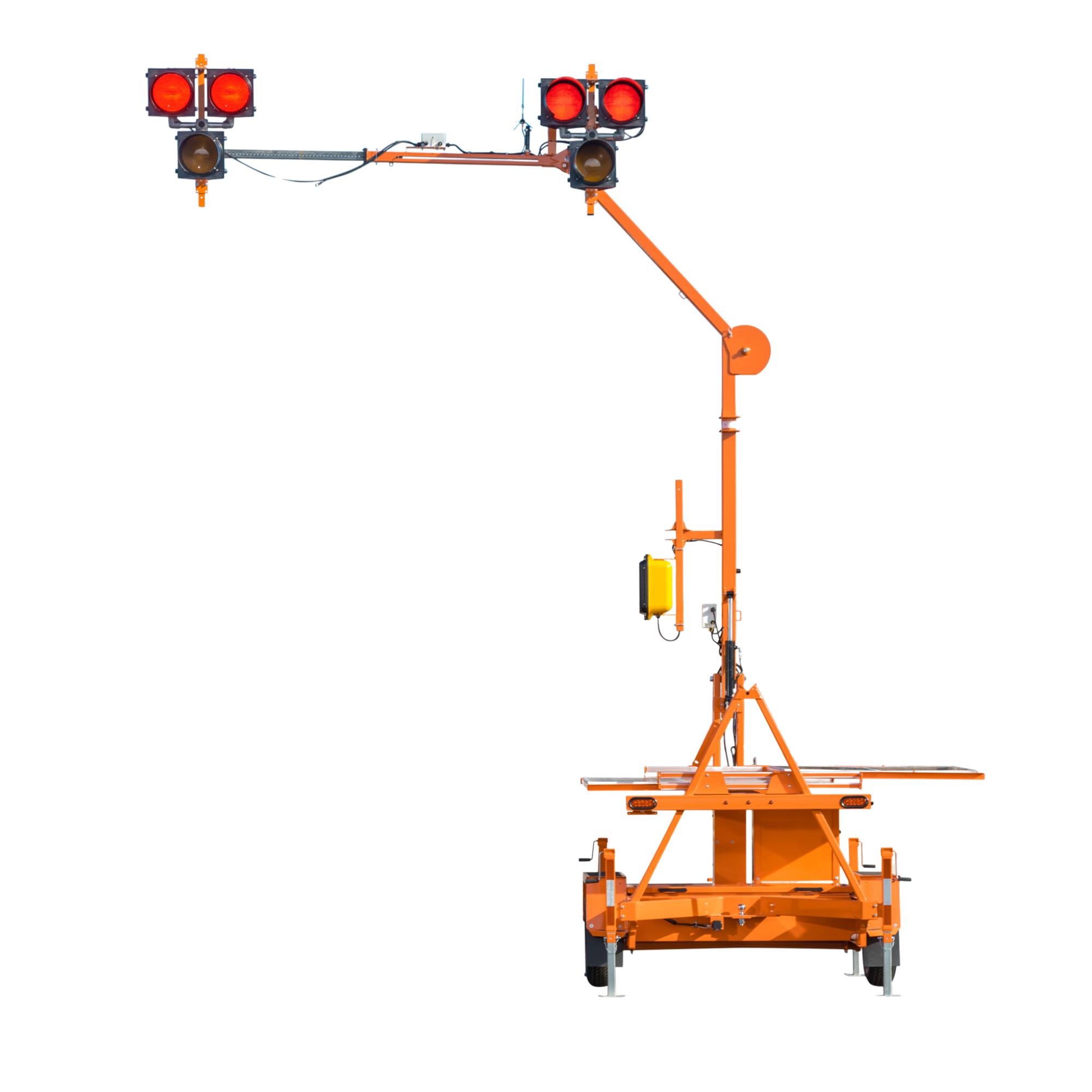 A HAWK orange traffic light tower with red signals, set against a white background.