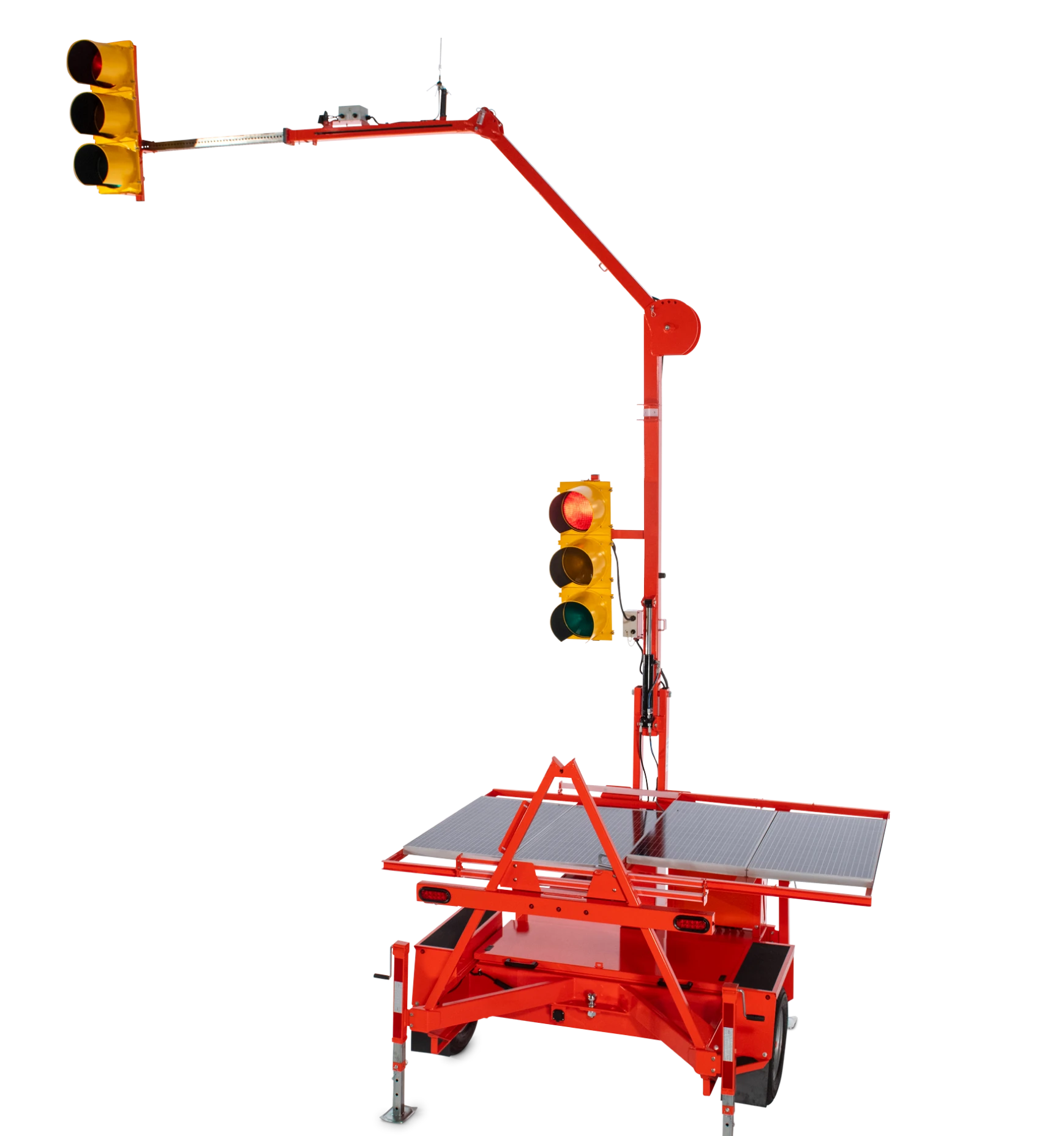 Portable mobile traffic light with solar panels, mounted on a red metal frame with wheels for transportation.
