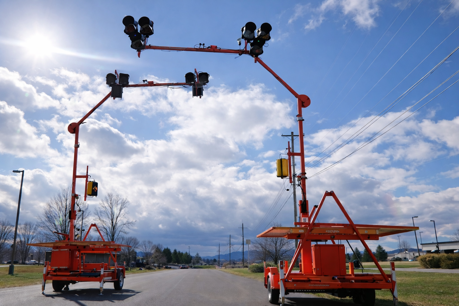 Two orange mobile traffic light towers with signals and camera equipment on a street under a partly cloudy sky.