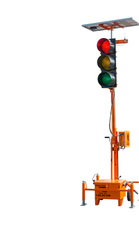 A SQ2 portable traffic light from Tysen Company with red, yellow, and green lights on a portable orange stand with a solar panel on top.