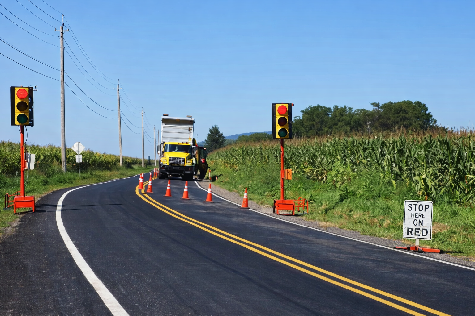 Road construction site with portable SQ2 traffic lights and orange cones on a rural road with field and utility poles.